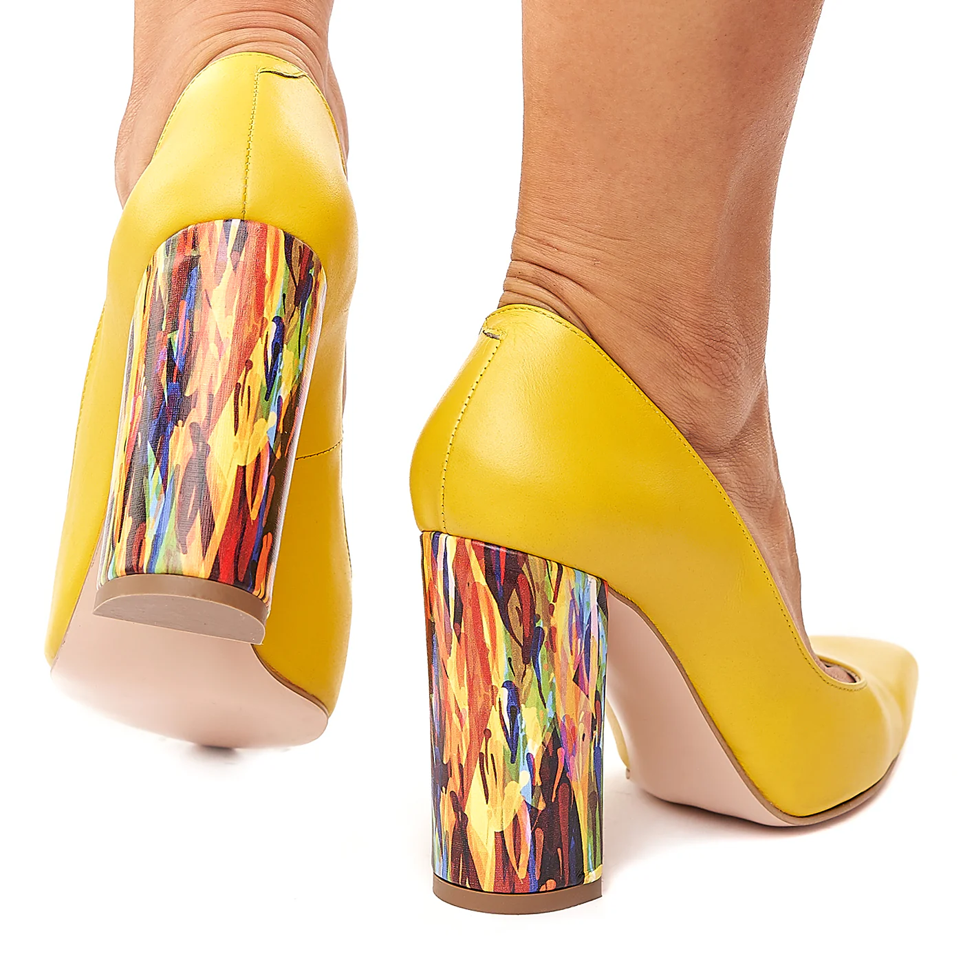 Pantofi dama din piele naturala galbena cu toc colorat 4206 - Image 4