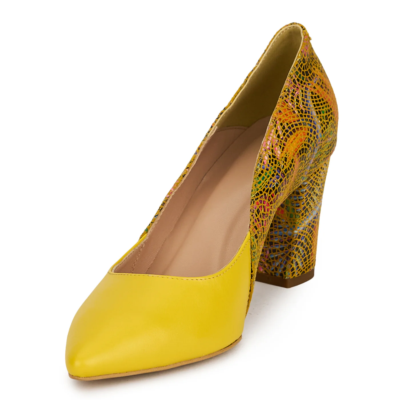Pantofi dama din piele naturala galbena cu toc gros 7.5 cm 19809 - Image 3