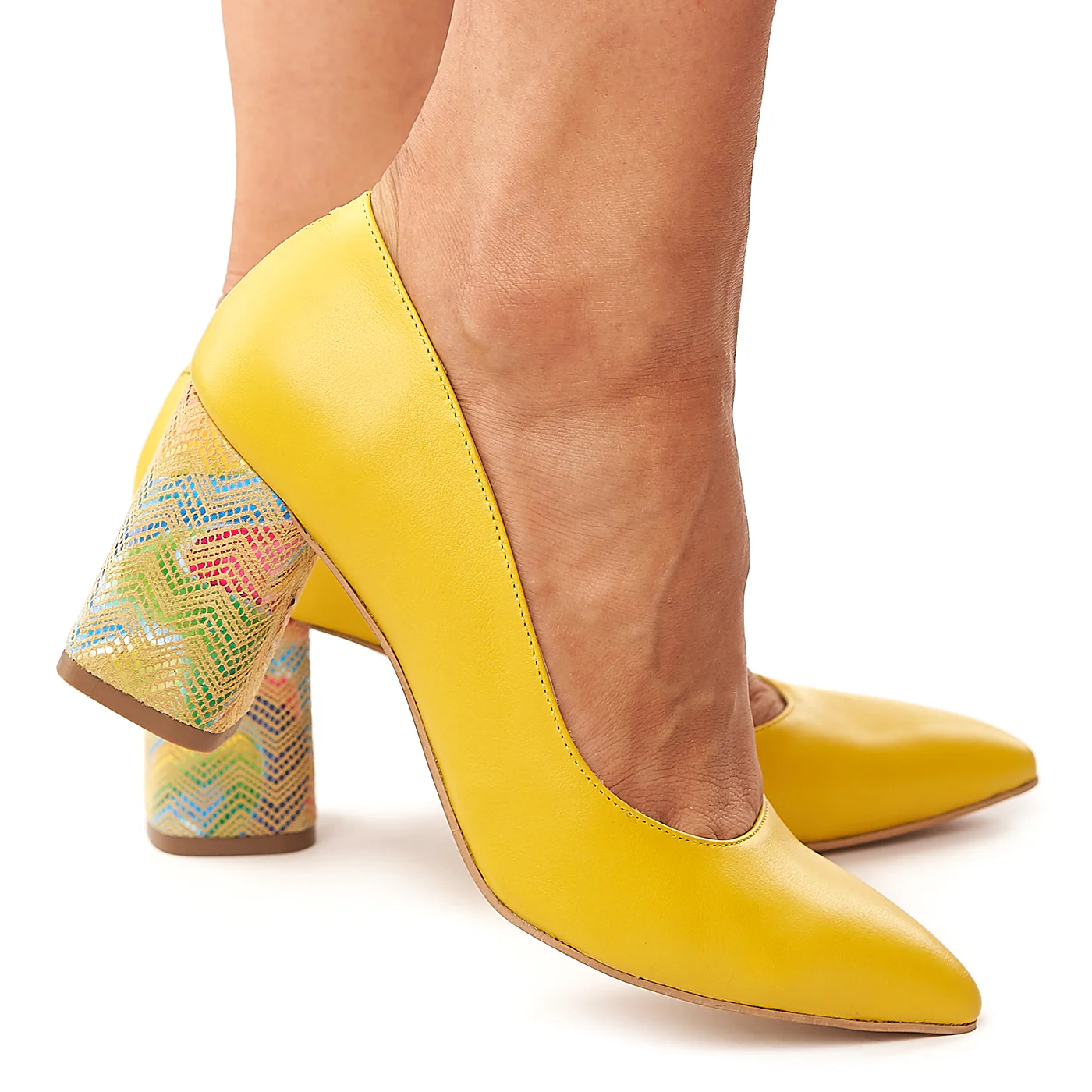 Pantofi dama din piele naturala galbena toc colorat 4175