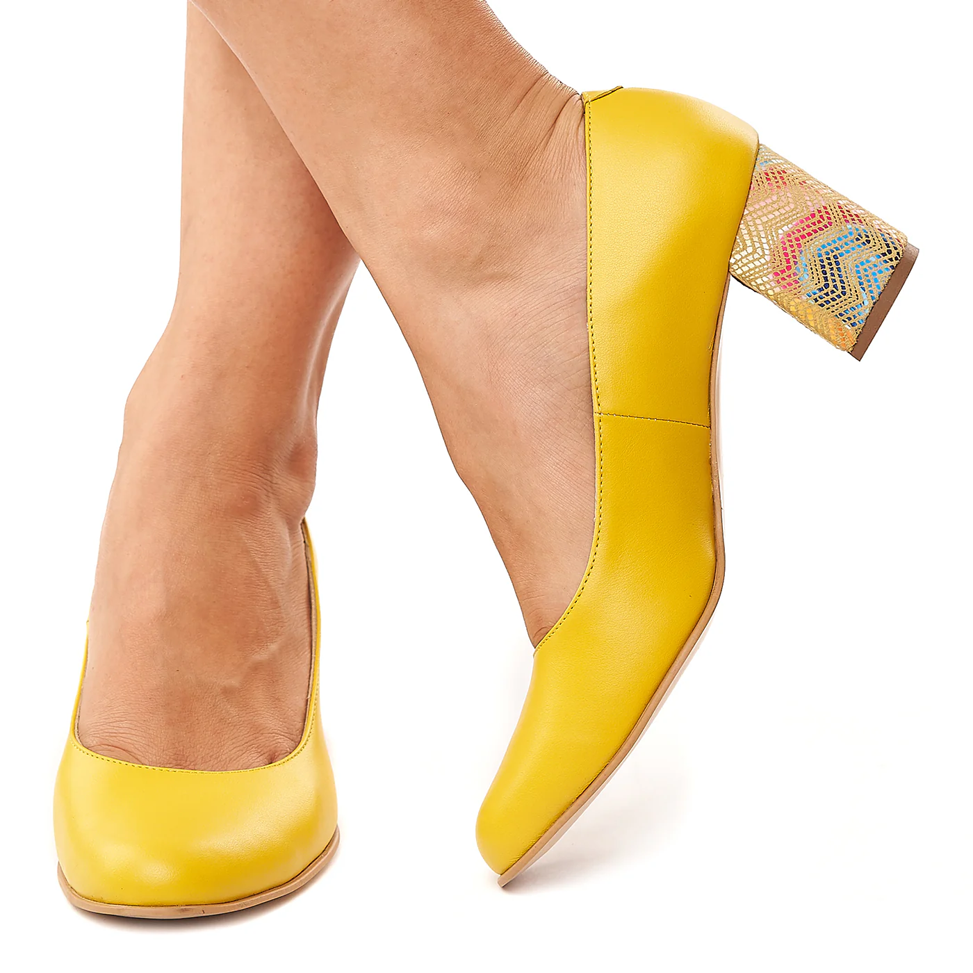 Pantofi dama din piele naturala galbena toc colorat 4177 - Image 3