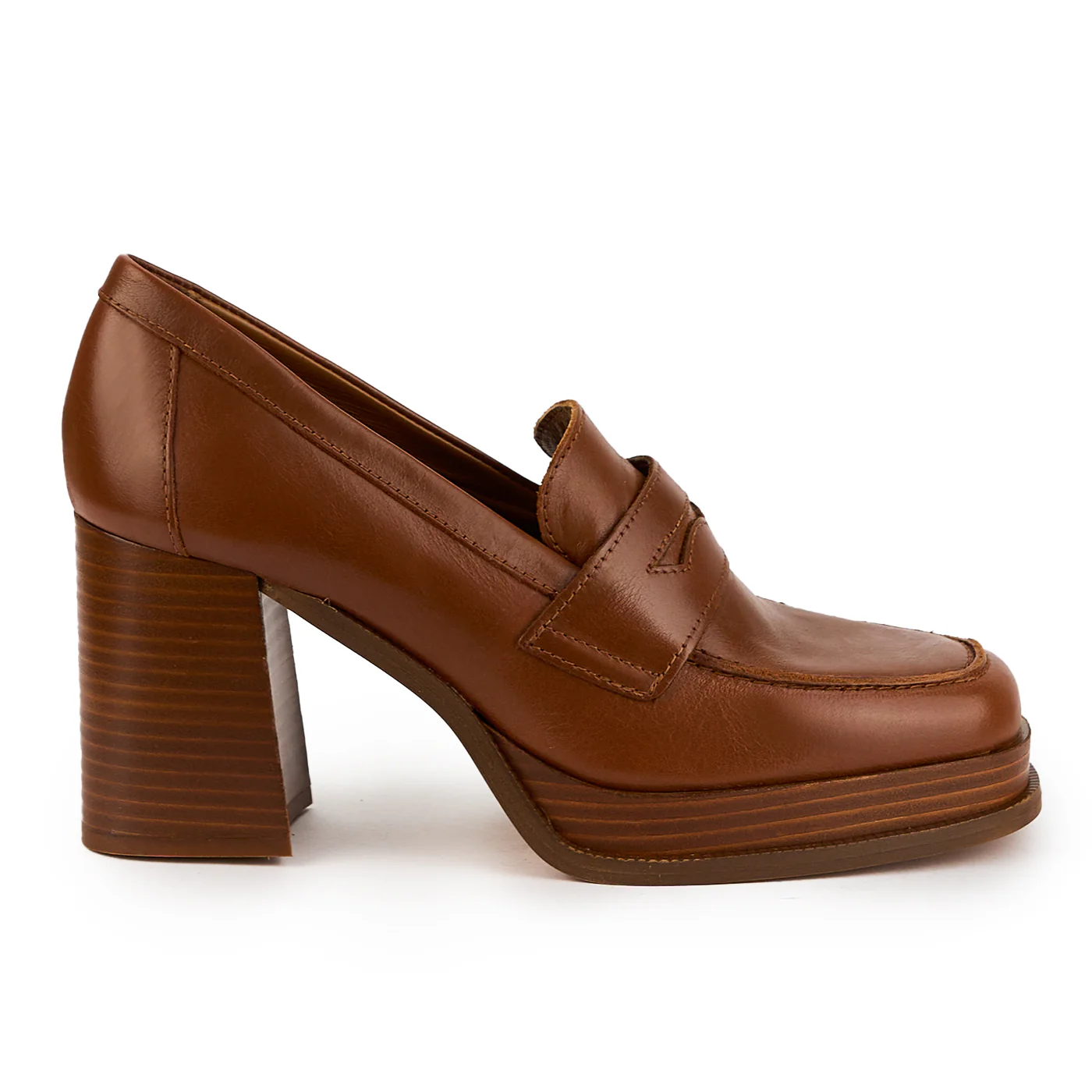 Pantofi dama din piele naturala maro cu toc gros 8 cm 14893