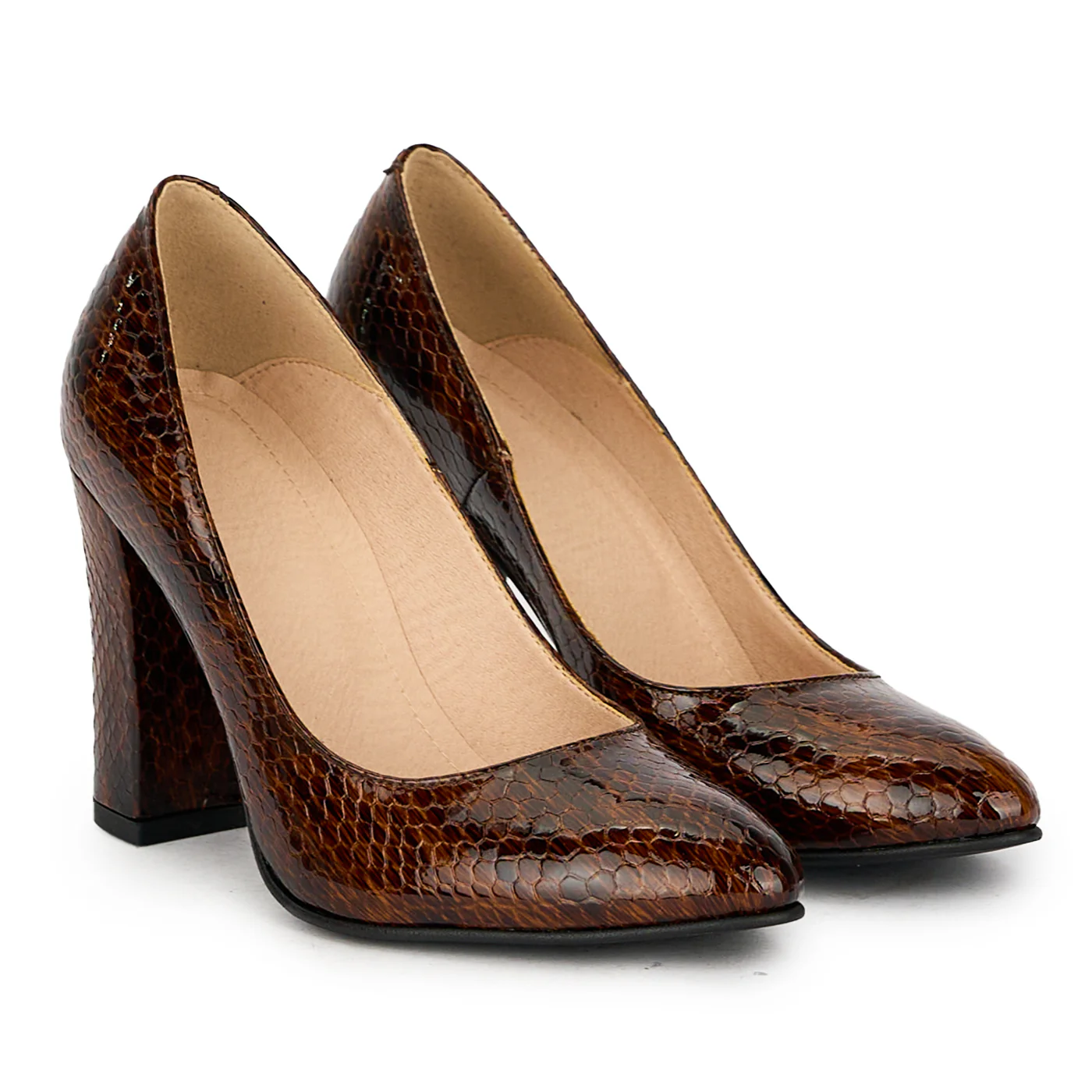 Pantofi dama din piele naturala maro, model sarpe cu toc gros 17583 - Image 4
