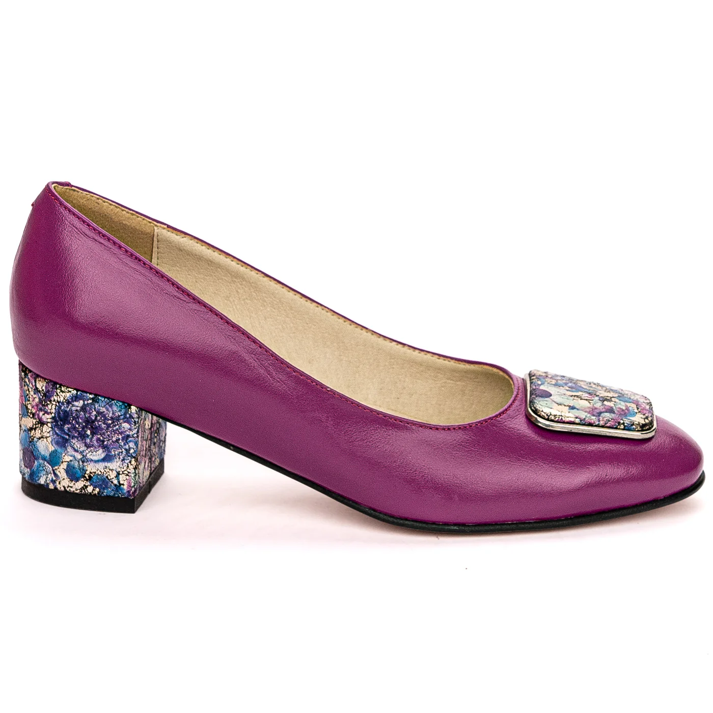 Pantofi dama din piele naturala mov cu toc gros 5cm 13647