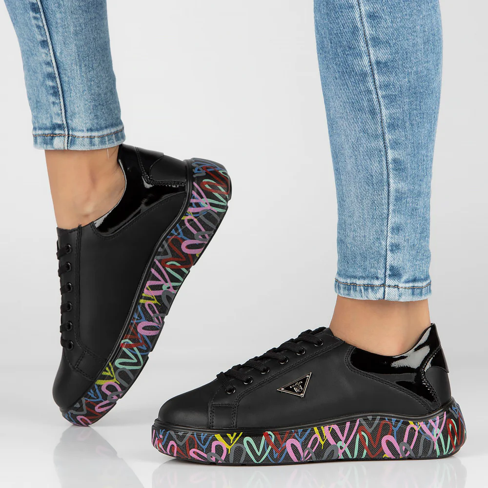 Pantofi sport dama cu talpa colorata din piele naturala neagra 13019 - Image 6