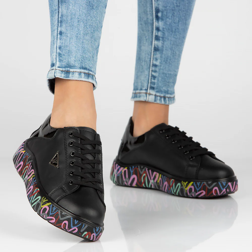 Pantofi sport dama cu talpa colorata din piele naturala neagra 13019 - Image 7
