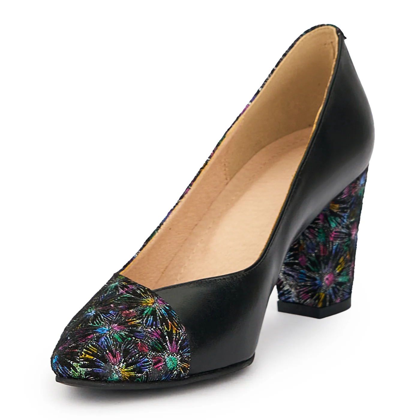 Pantofi dama din piele naturala neagra cu model floral si toc gros 7.5 cm 15545 - Image 3