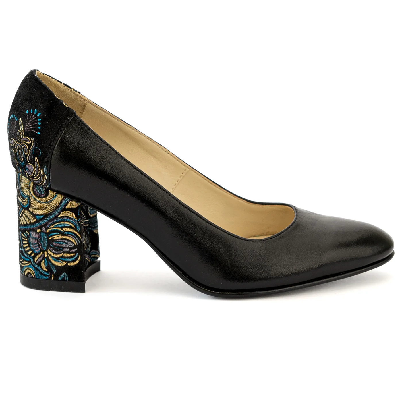 Pantofi dama din piele naturala neagra cu toc gros 13988