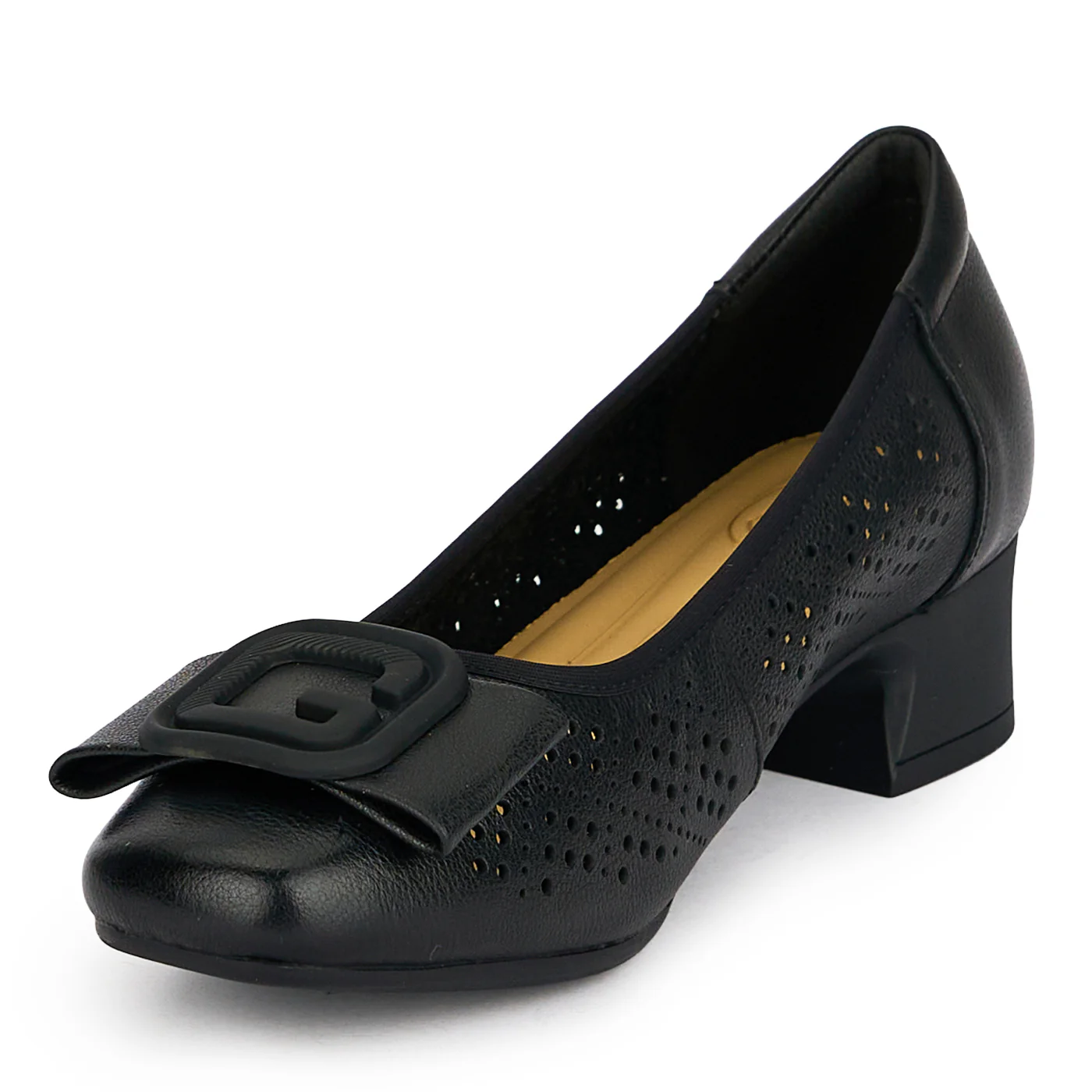 Pantofi dama din piele naturala neagra perforata cu toc gros 3.5 cm 19590 - Image 3