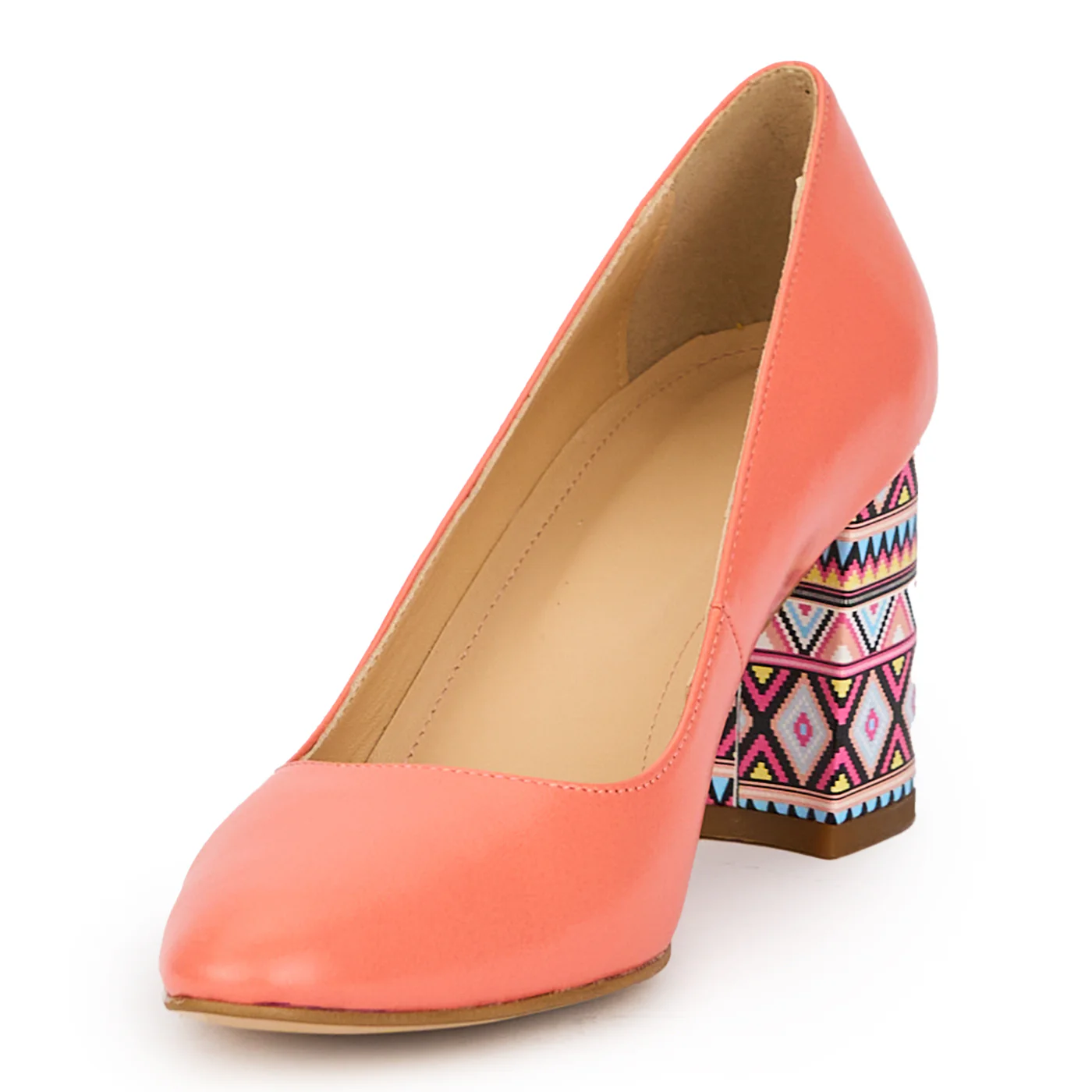 Pantofi dama din piele naturala portocaliu-coral cu toc gros 8 cm 15487 - Image 3