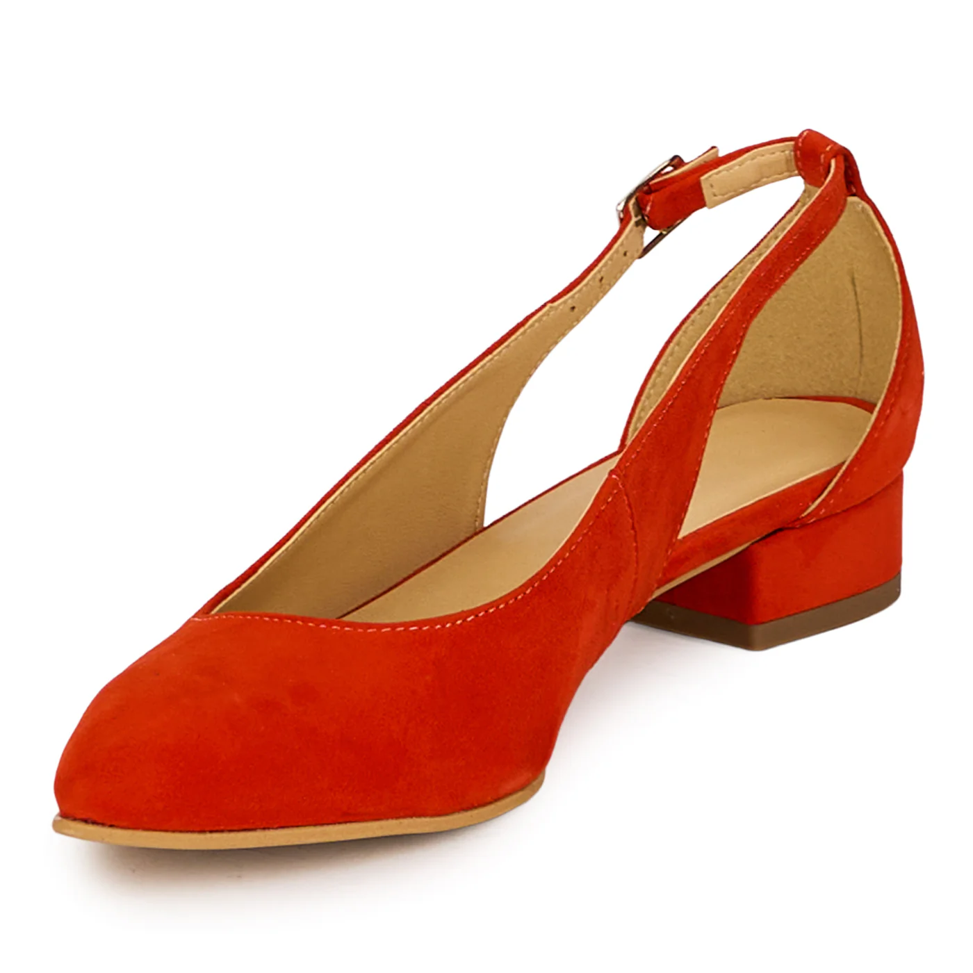 Pantofi dama din piele naturala rosie corai decupati lateral cu toc mic 3 cm 18426 - Image 3