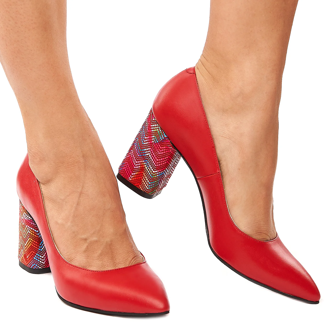 Pantofi dama din piele naturala rosie cu toc colorat 4201 - Image 2