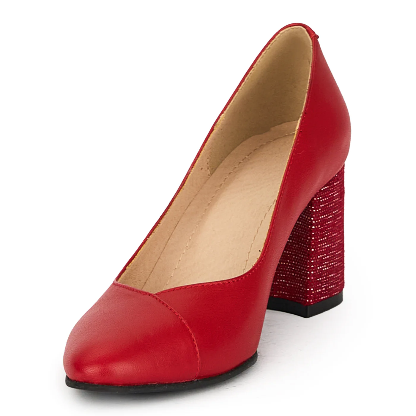 Pantofi dama din piele naturala rosie cu toc gros 7.5 cm 15207 - Image 3