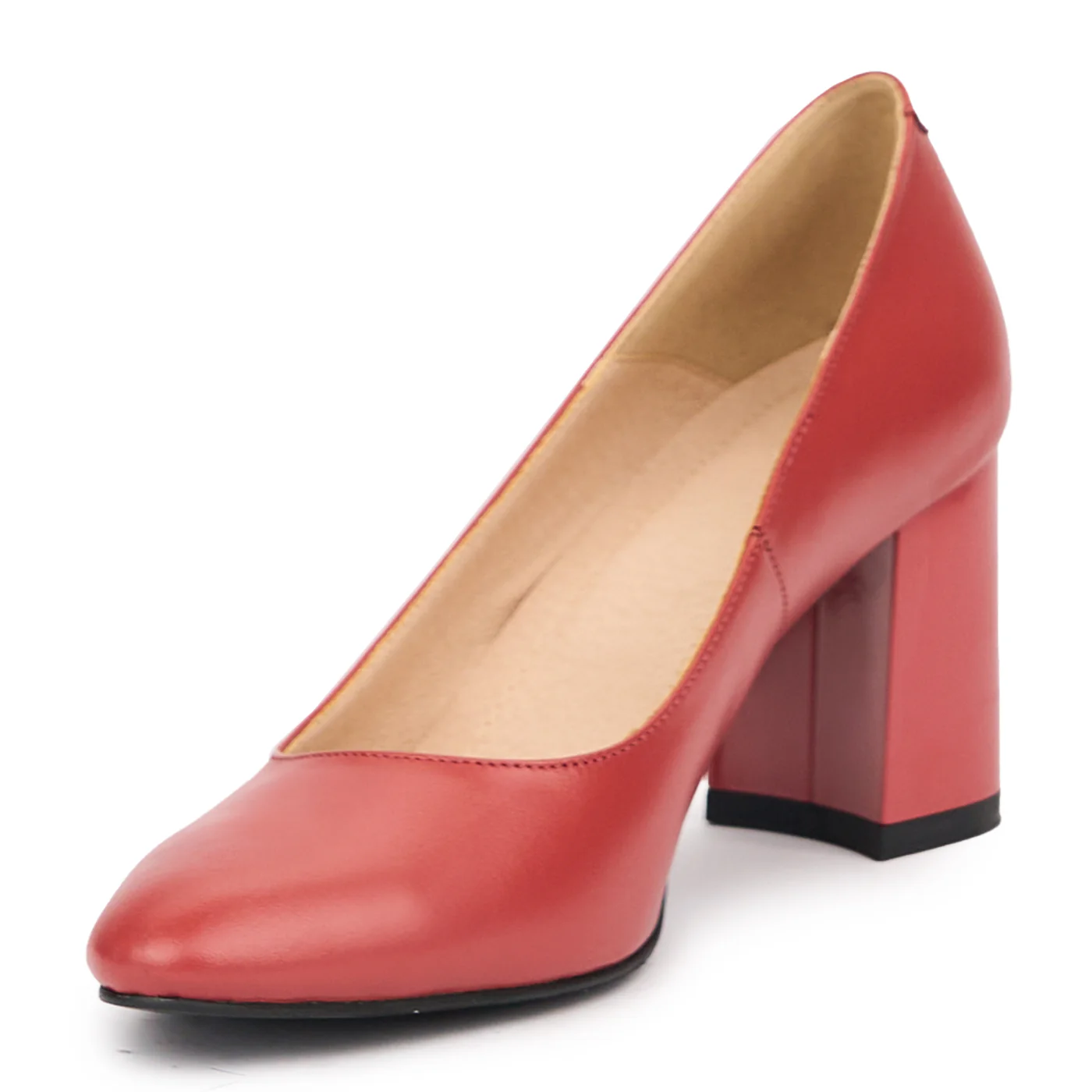 Pantofi dama din piele naturala rosu - caramiziu cu toc gros 7.5 cm 14496 - Image 3