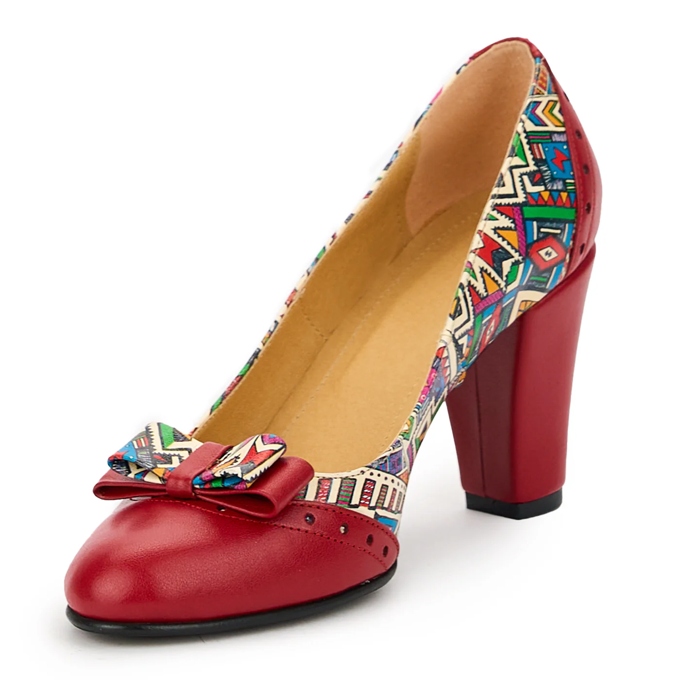 Pantofi dama din piele naturala rosu - multicolor cu toc gros 8 cm 14863 - Image 3