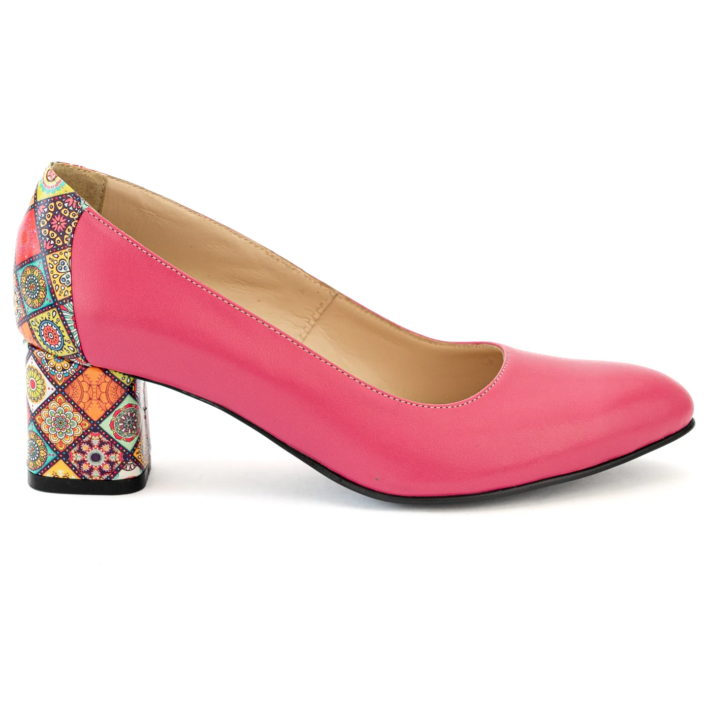 Pantofi dama din piele naturala roz cu toc gros 13993