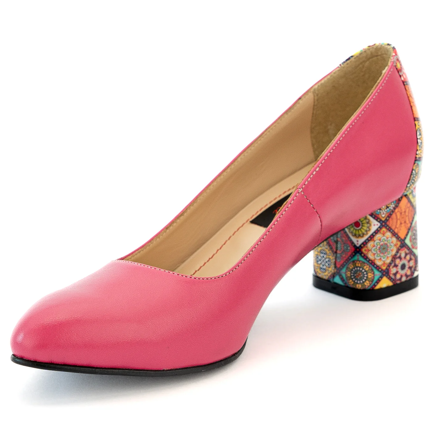Pantofi dama din piele naturala roz cu toc gros 13993 - Image 3