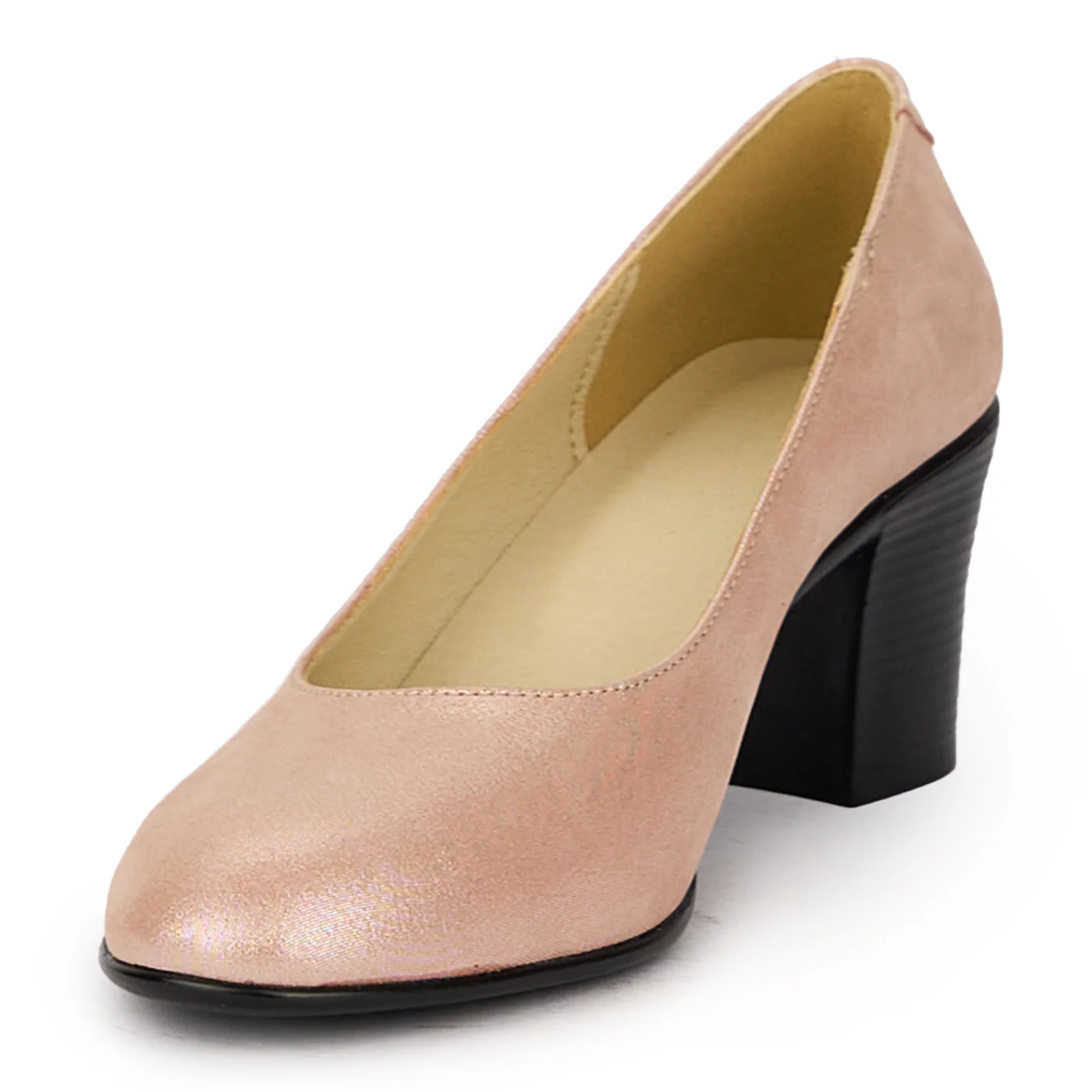 Pantofi dama din piele naturala roz-sidefat cu toc gros 6 cm 16043 - Image 3