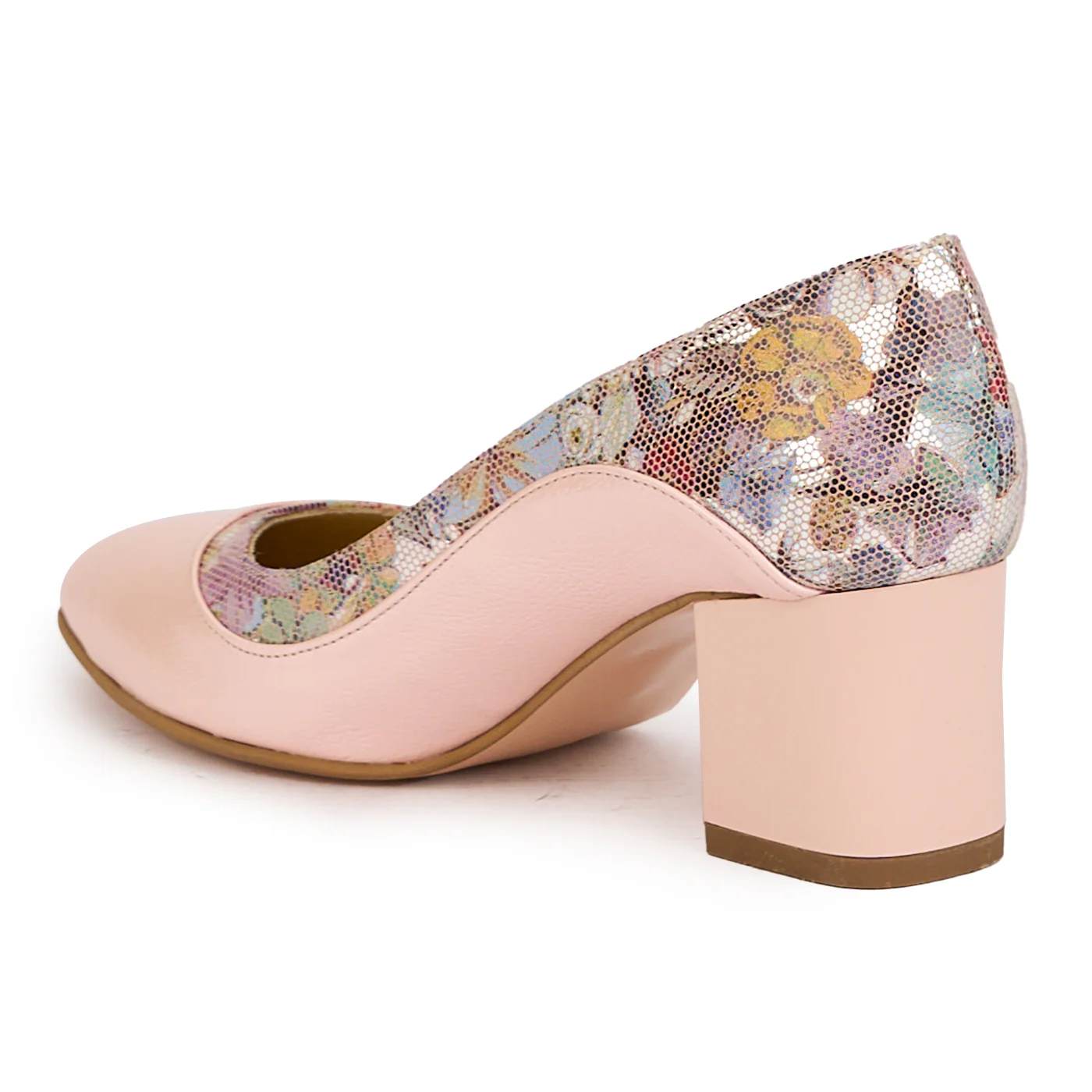 Pantofi dama din piele naturala roz-sidefat + floral cu toc gros 5.5 cm 16518 - Image 2