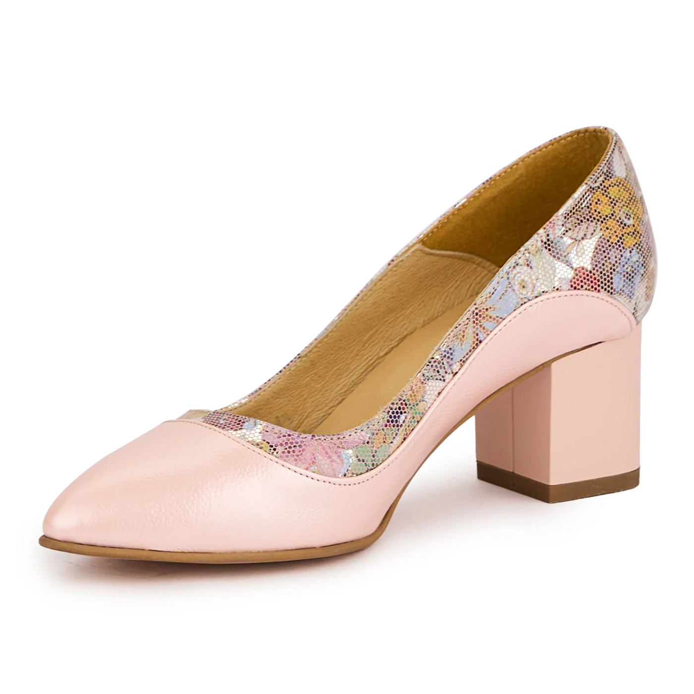 Pantofi dama din piele naturala roz-sidefat + floral cu toc gros 5.5 cm 16518 - Image 3