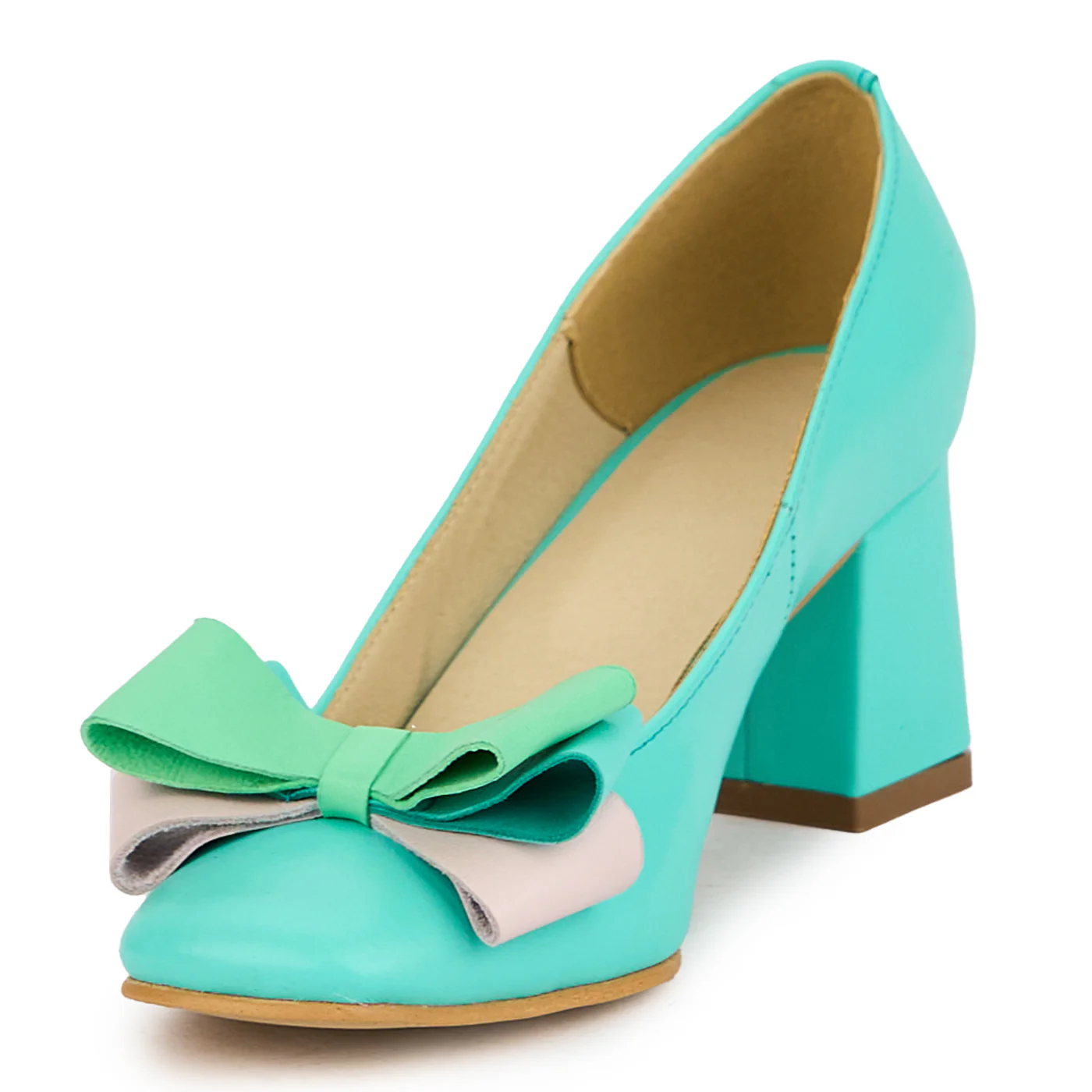 Pantofi dama din piele naturala turcoaz cu toc gros 6.5 cm 16828 - Image 3