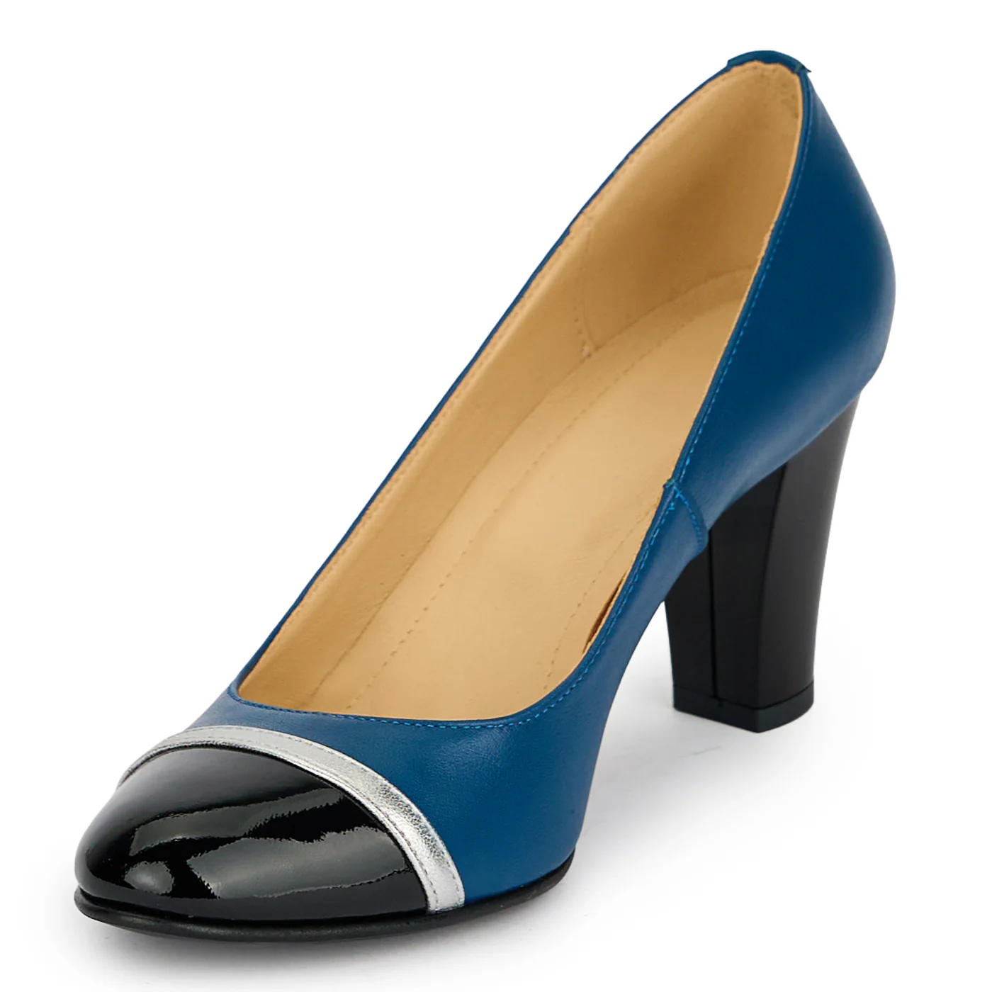 Pantofi dama din piele naturala turcoaz cu toc gros 7.5 cm 19409 - Image 3