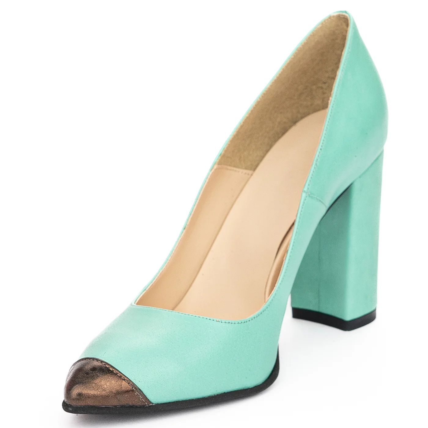 Pantofi dama din piele naturala turcoaz cu toc gros 9.5 cm 13925 - Image 3