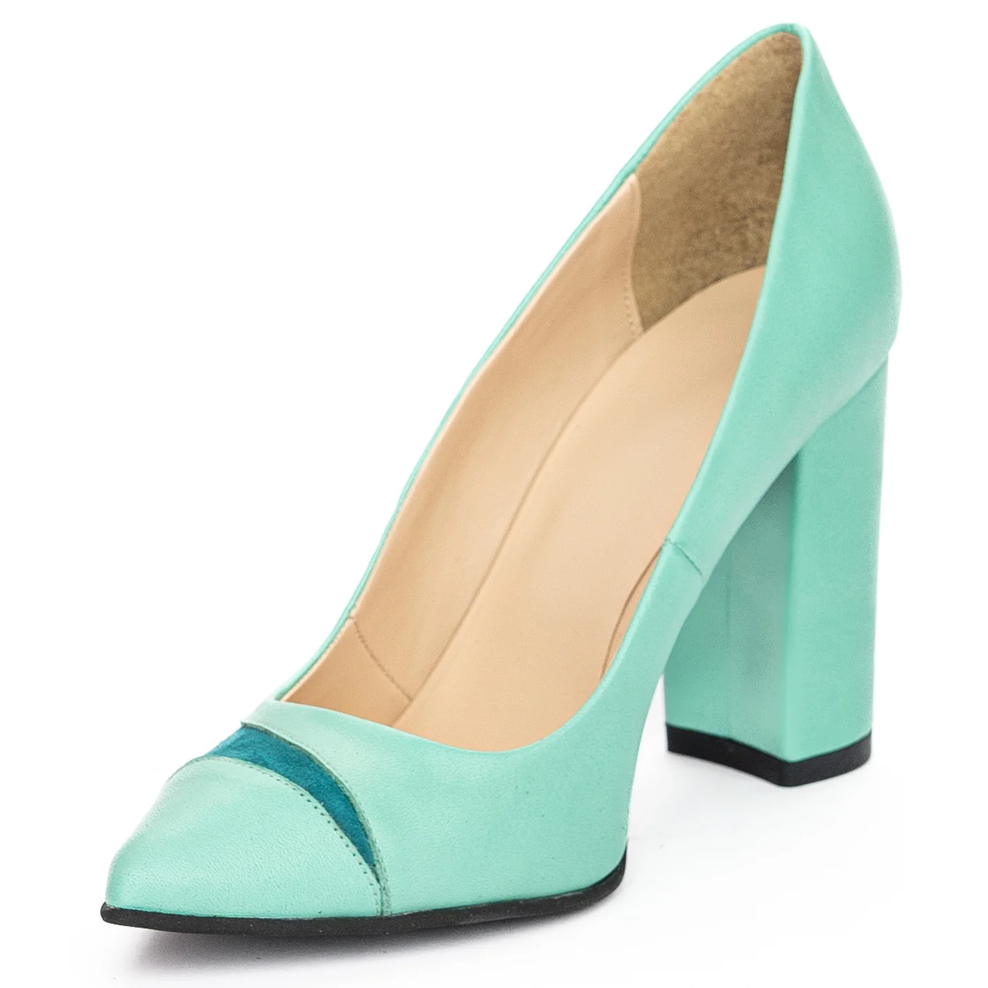 Pantofi dama din piele naturala turcoaz cu toc gros 9 cm 13923 - Image 3