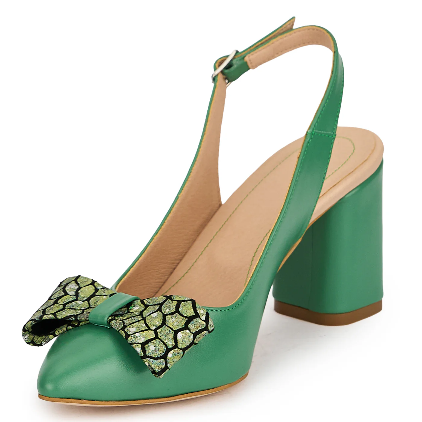 Pantofi damă din piele naturală verde cu toc gros 7 cm 19579 - Image 3