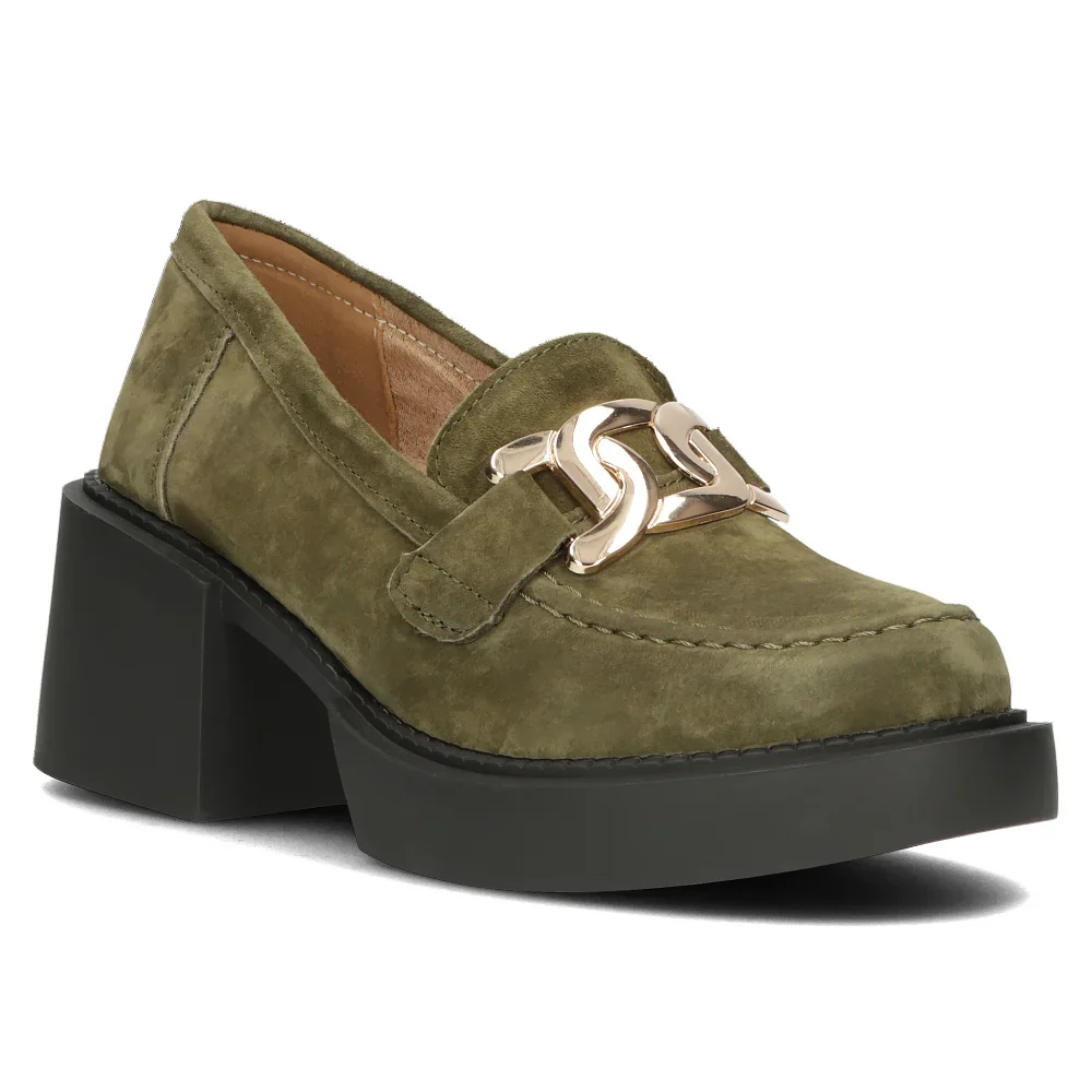 Pantofi dama din piele naturala verde - kaki cu toc gros 7 cm 14128 - Image 5