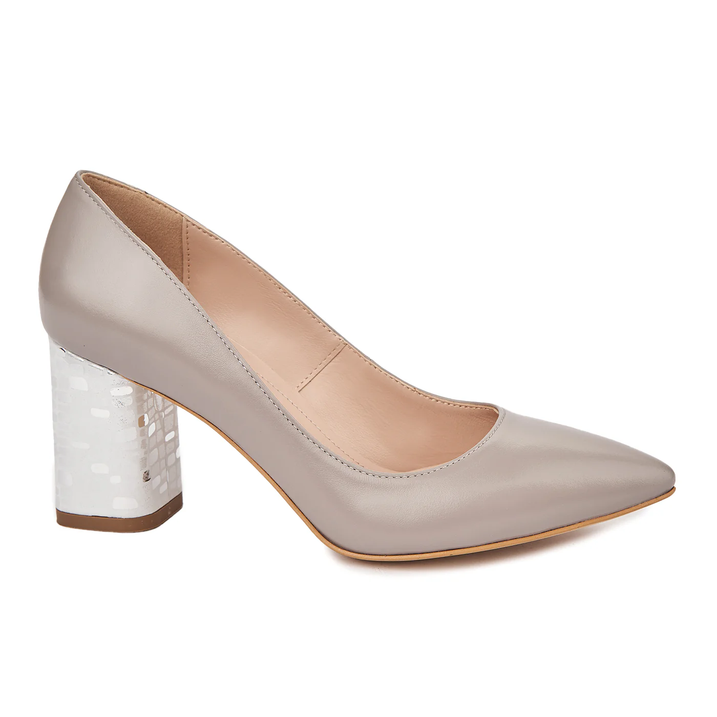 Pantofi dama toc gros din piele naturala gri 4809