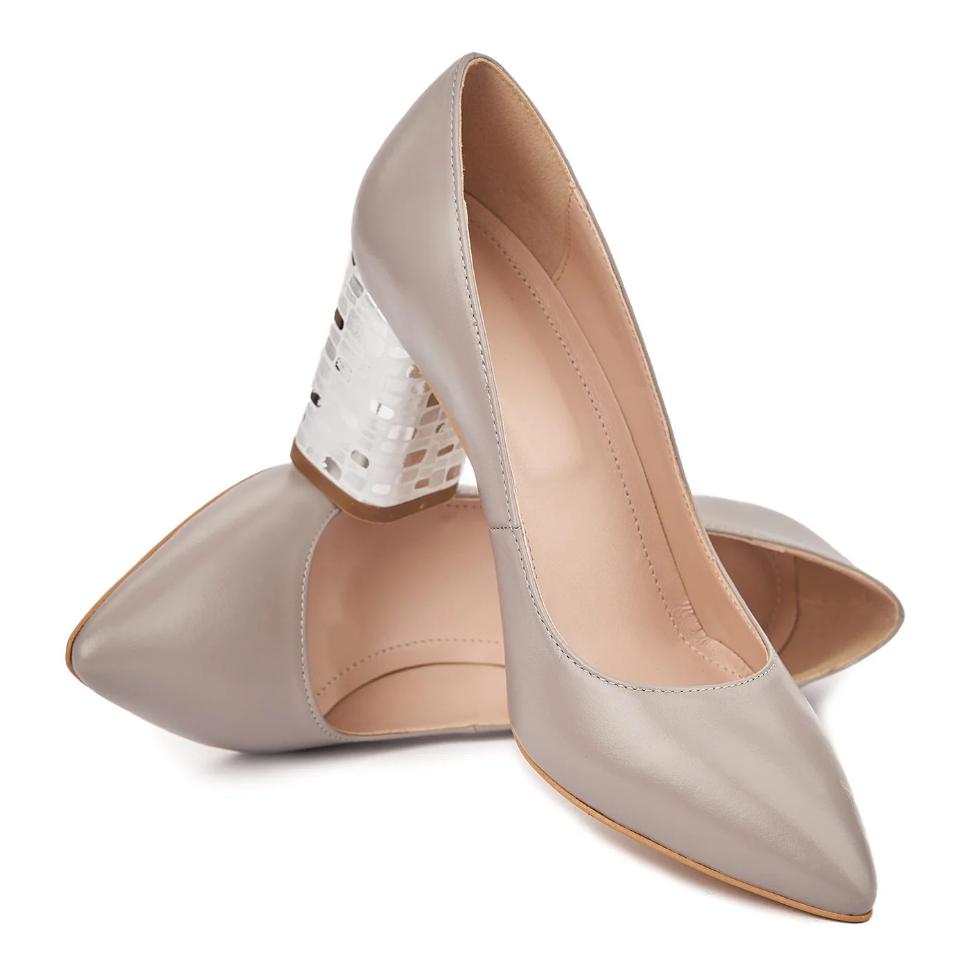 Pantofi dama toc gros din piele naturala gri 4809 - Image 4