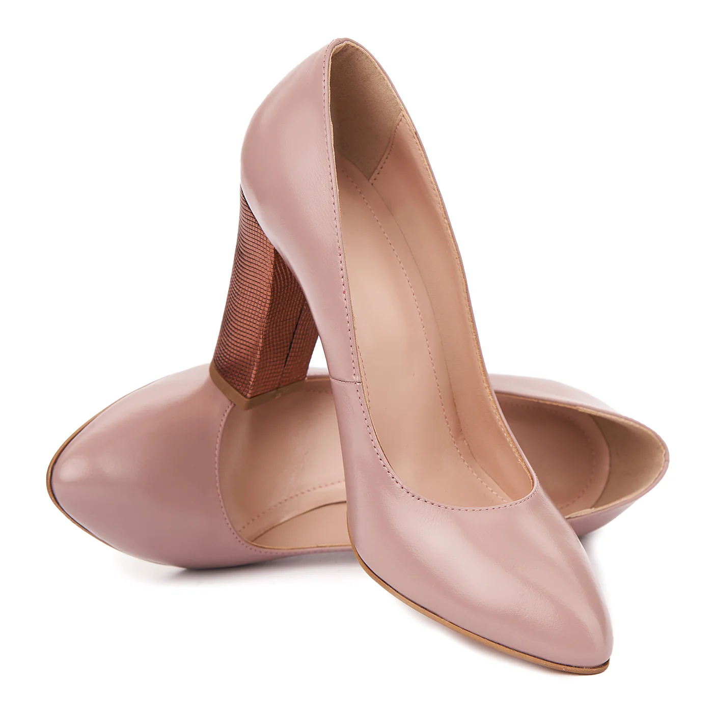 Pantofi dama toc gros din piele naturala pudra 4811 - Image 4