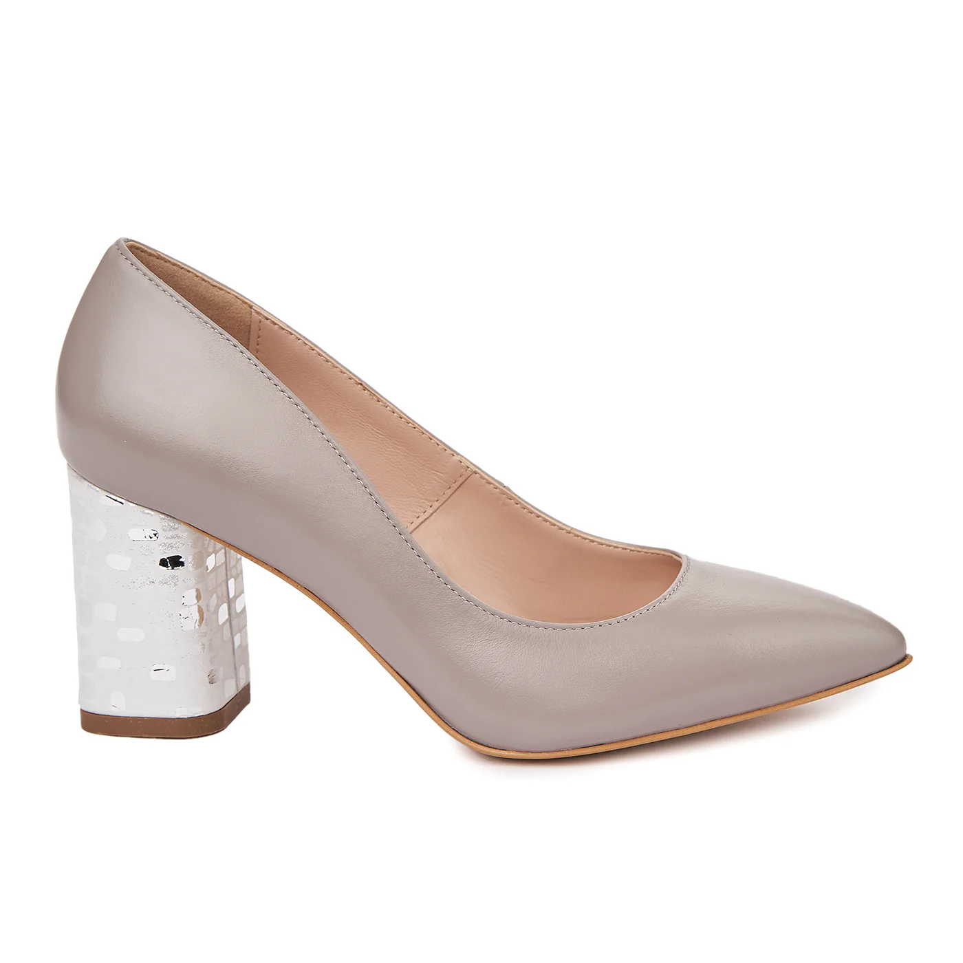 Pantofi dama toc gros din piele naturala gri 4813