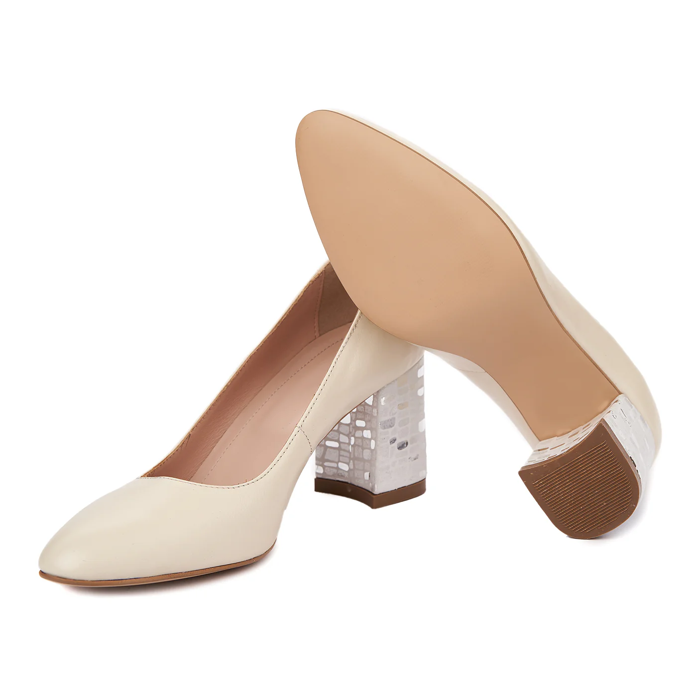 Pantofi dama toc gros din piele naturala crem 4807 - Image 3