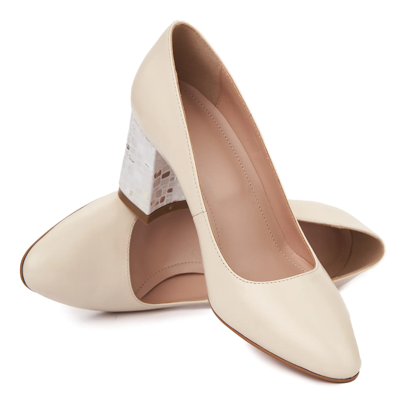 Pantofi dama toc gros din piele naturala crem 4807 - Image 4