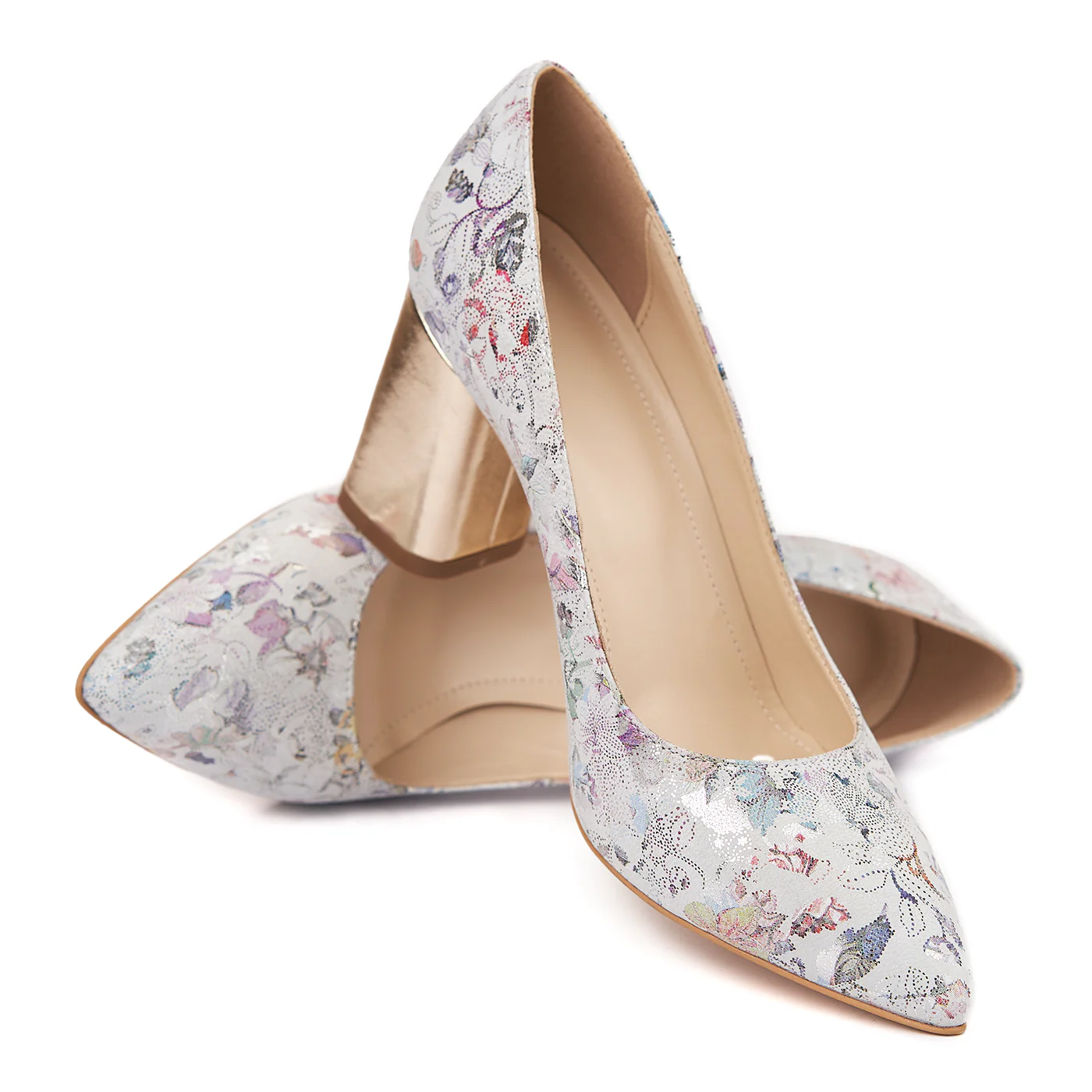 Pantofi dama toc gros din piele naturala cu model floral 4600 - Image 4