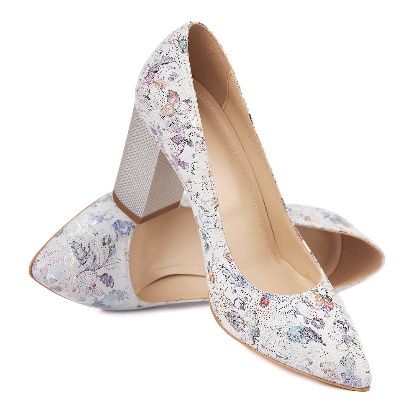 Pantofi dama toc gros din piele naturala cu model floral 4601 - Image 4