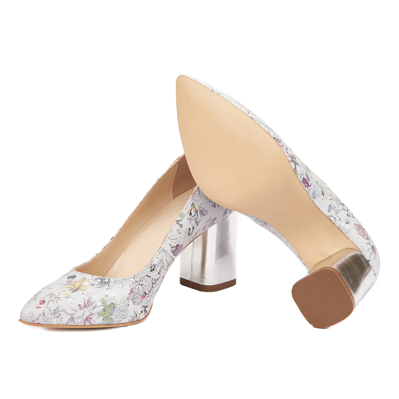 Pantofi dama toc gros din piele naturala cu model floral 4602 - Image 3