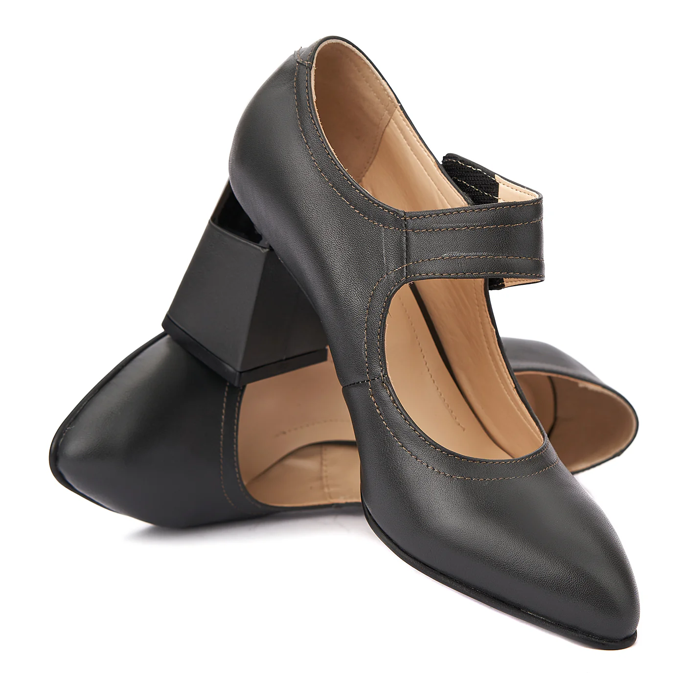 Pantofi dama toc gros din piele naturala gri 4341 - Image 4