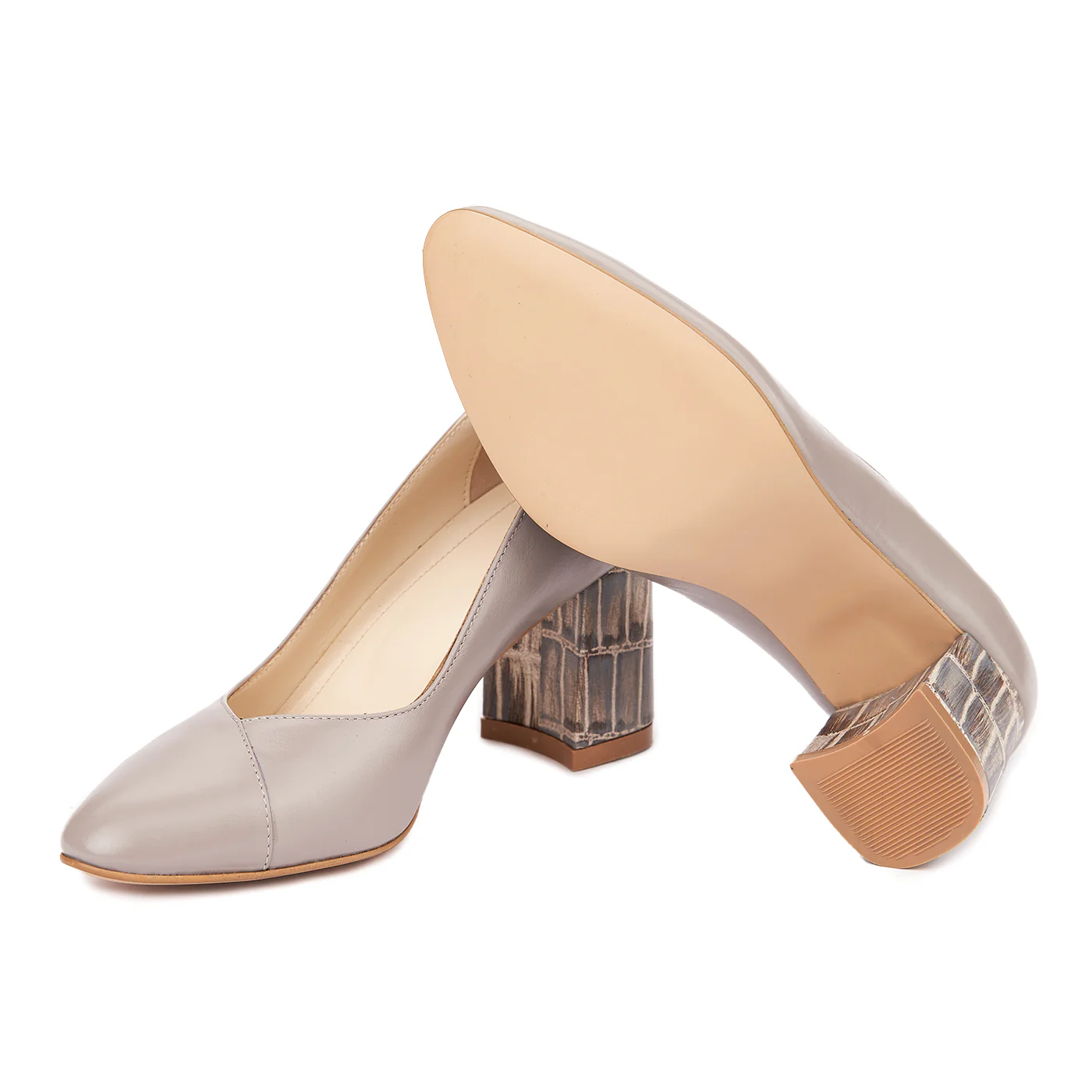 Pantofi dama toc gros imbracat din piele naturala bej 4604 - Image 3