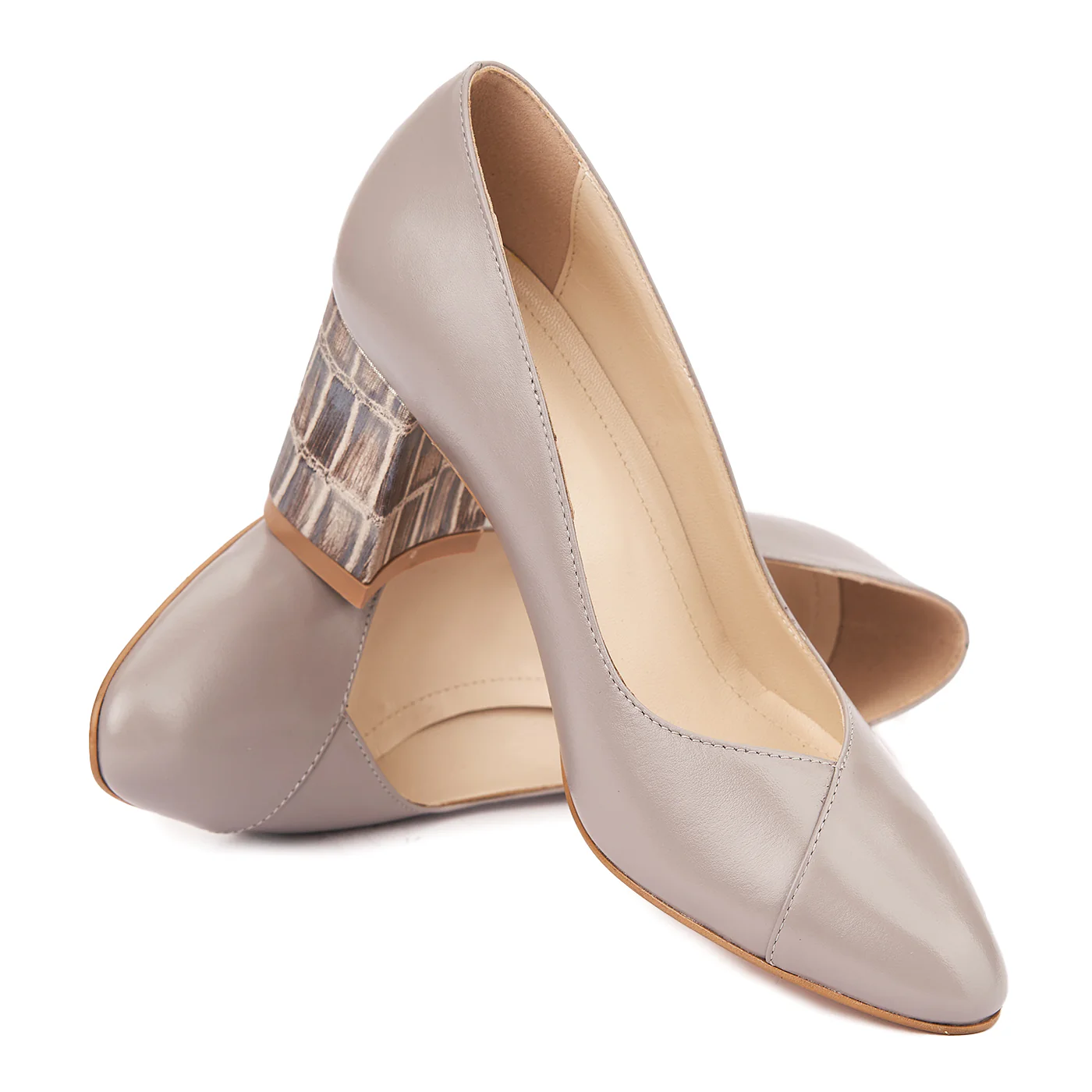Pantofi dama toc gros imbracat din piele naturala bej 4604 - Image 4