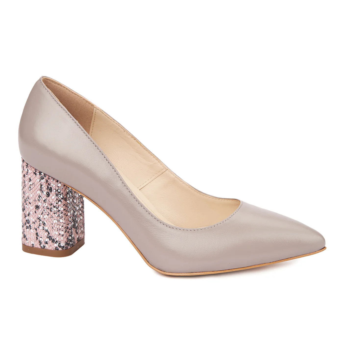 Pantofi dama toc gros imbracat din piele naturala gri 4606