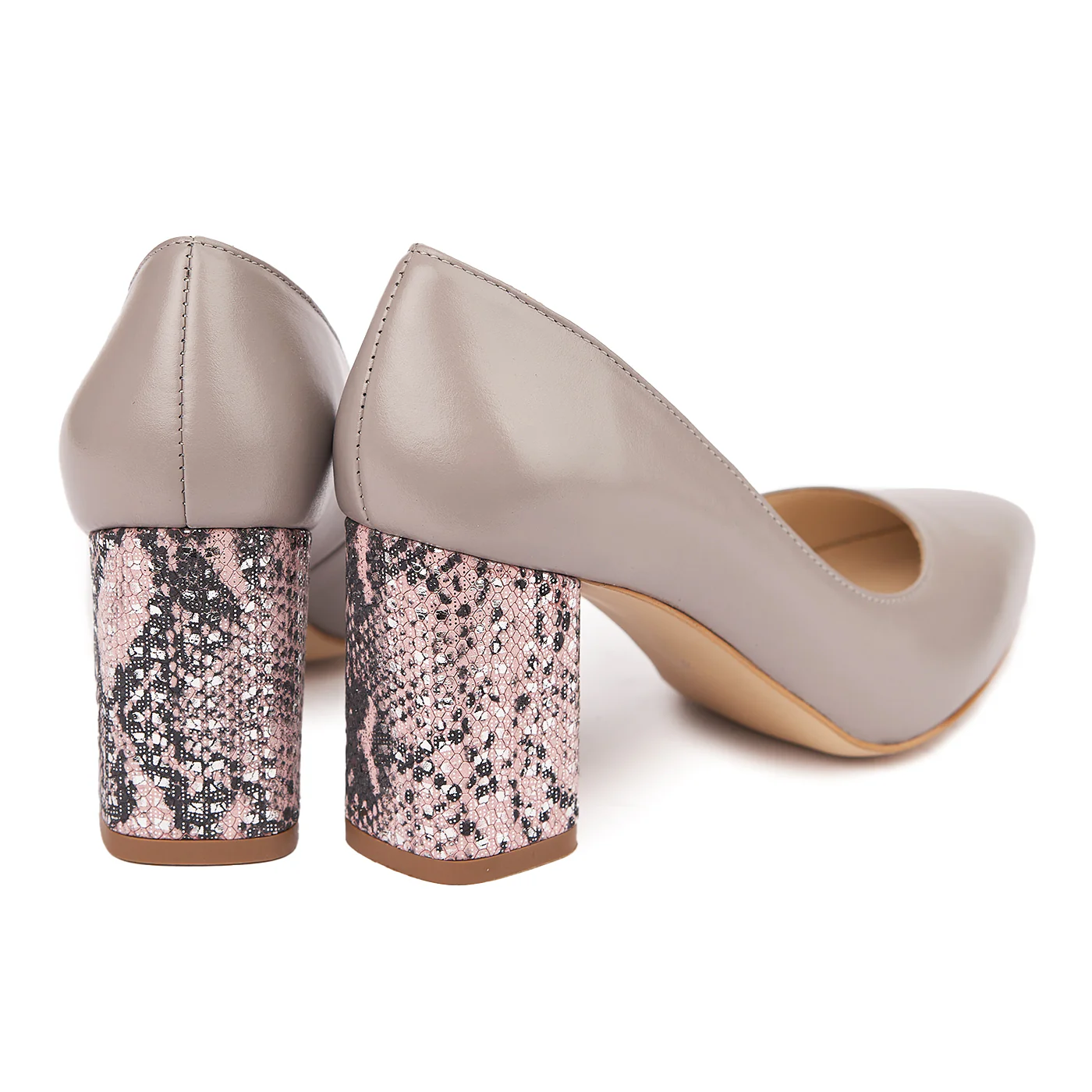 Pantofi dama toc gros imbracat din piele naturala gri 4606 - Image 2