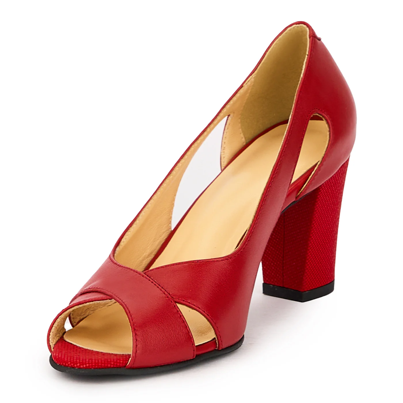 Pantofi decupati dama din piele naturala rosie cu toc gros 7 cm 15924 - Image 3