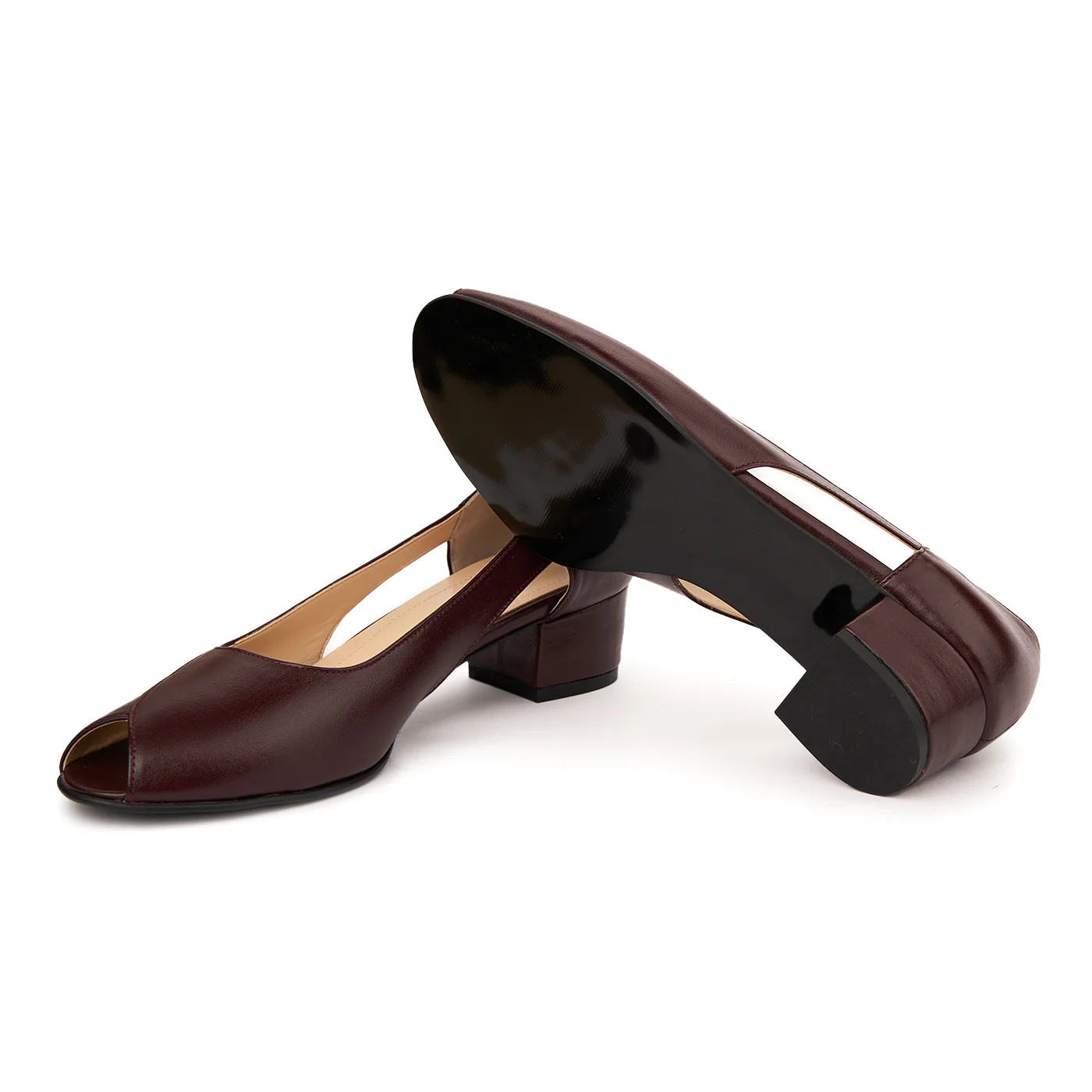 Pantofi decupati toc mic din piele naturala grena 4964 - Image 3