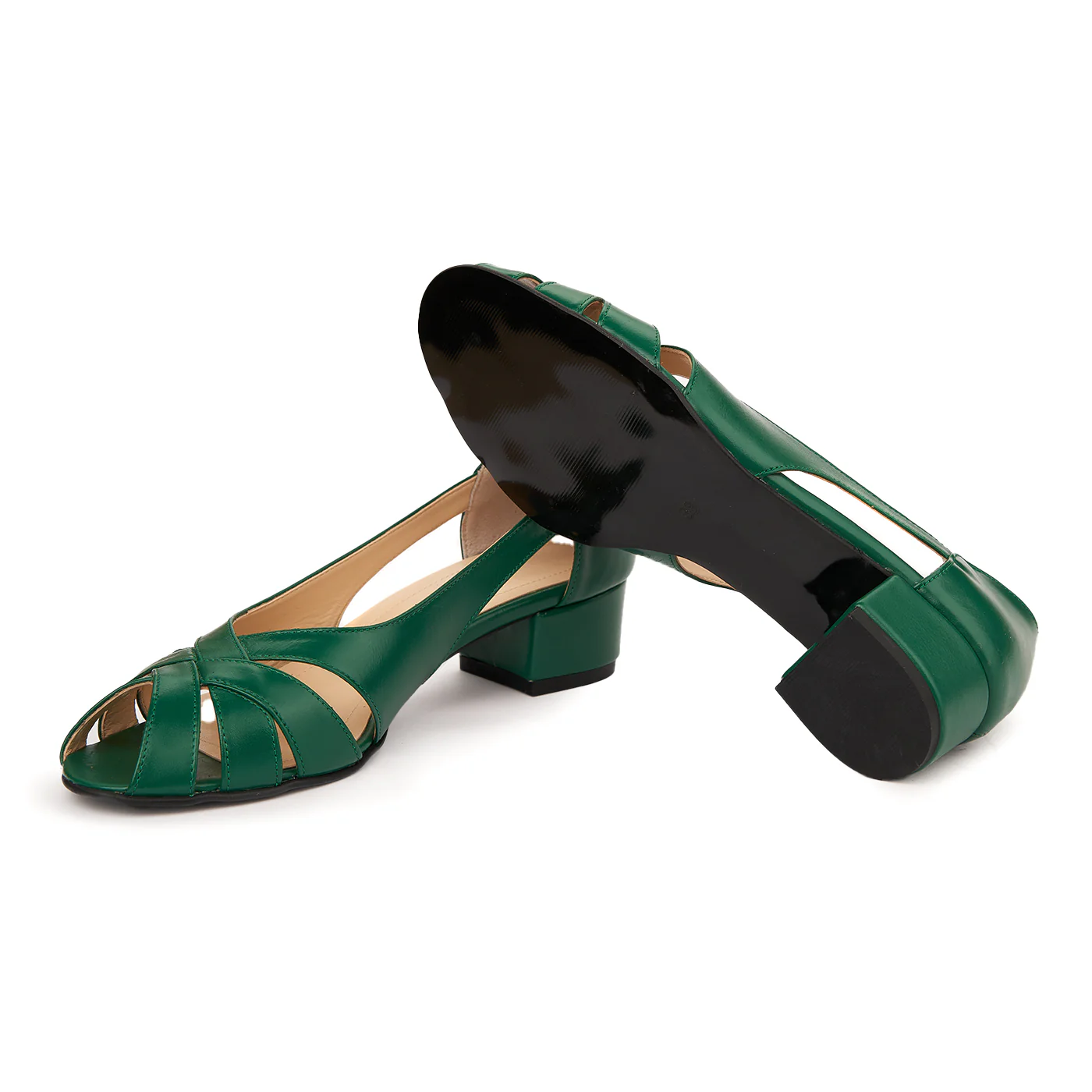 Pantofi decupati toc mic din piele naturala verde 4957 - Image 3