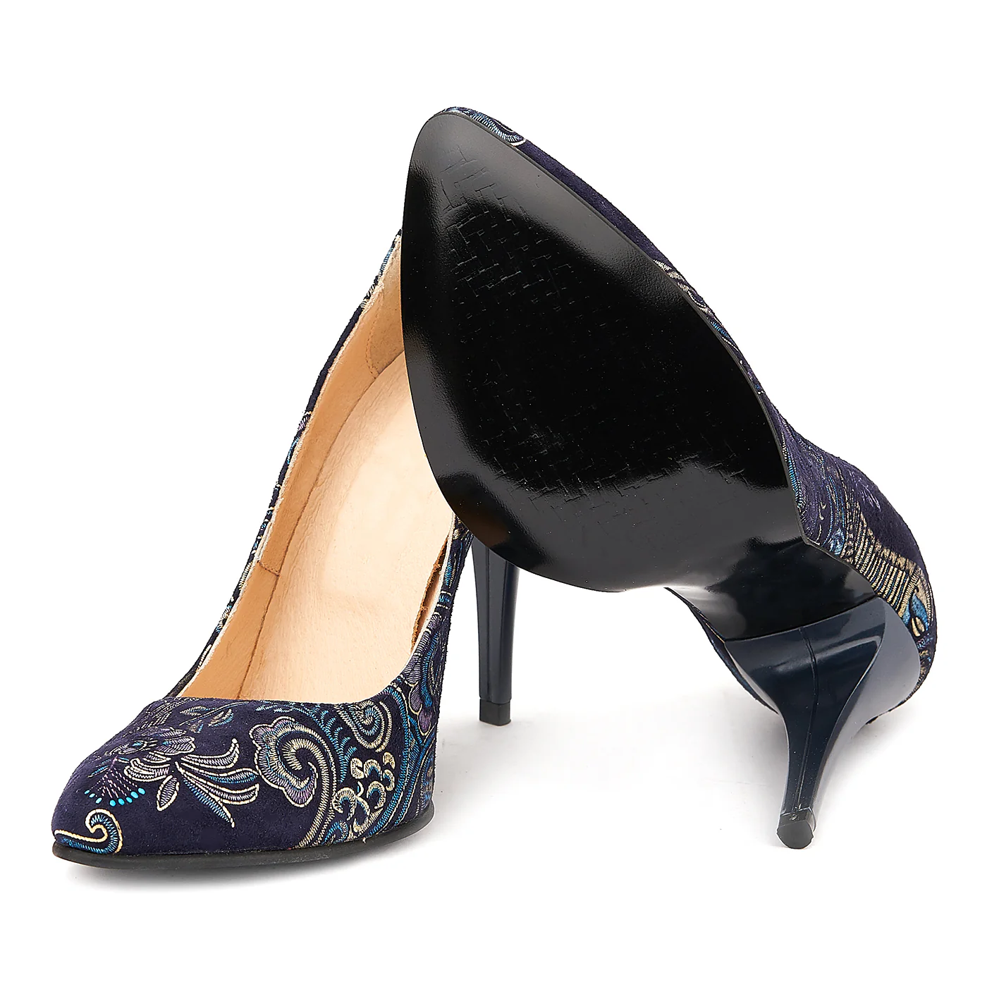 Pantofi din Piele Naturala Bleumarin cu flori 4009 - Image 3