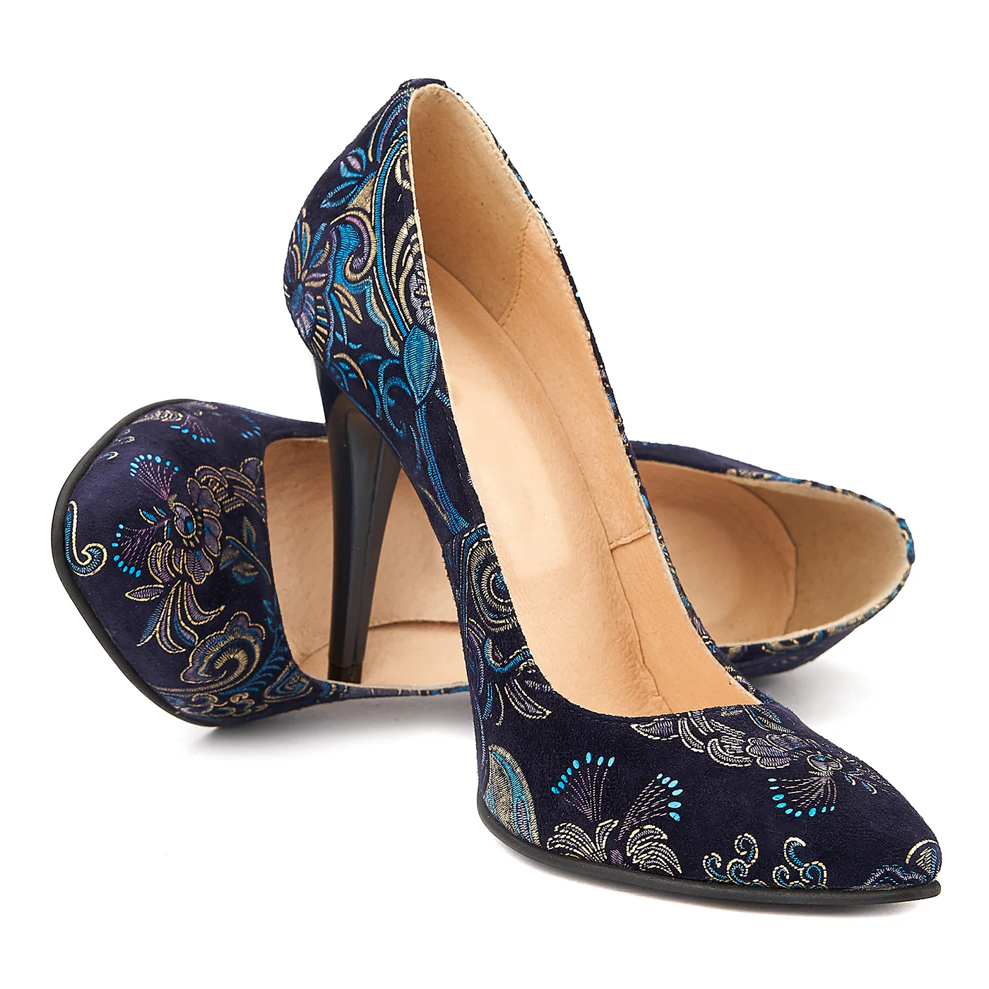 Pantofi din Piele Naturala Bleumarin cu flori 4009 - Image 4