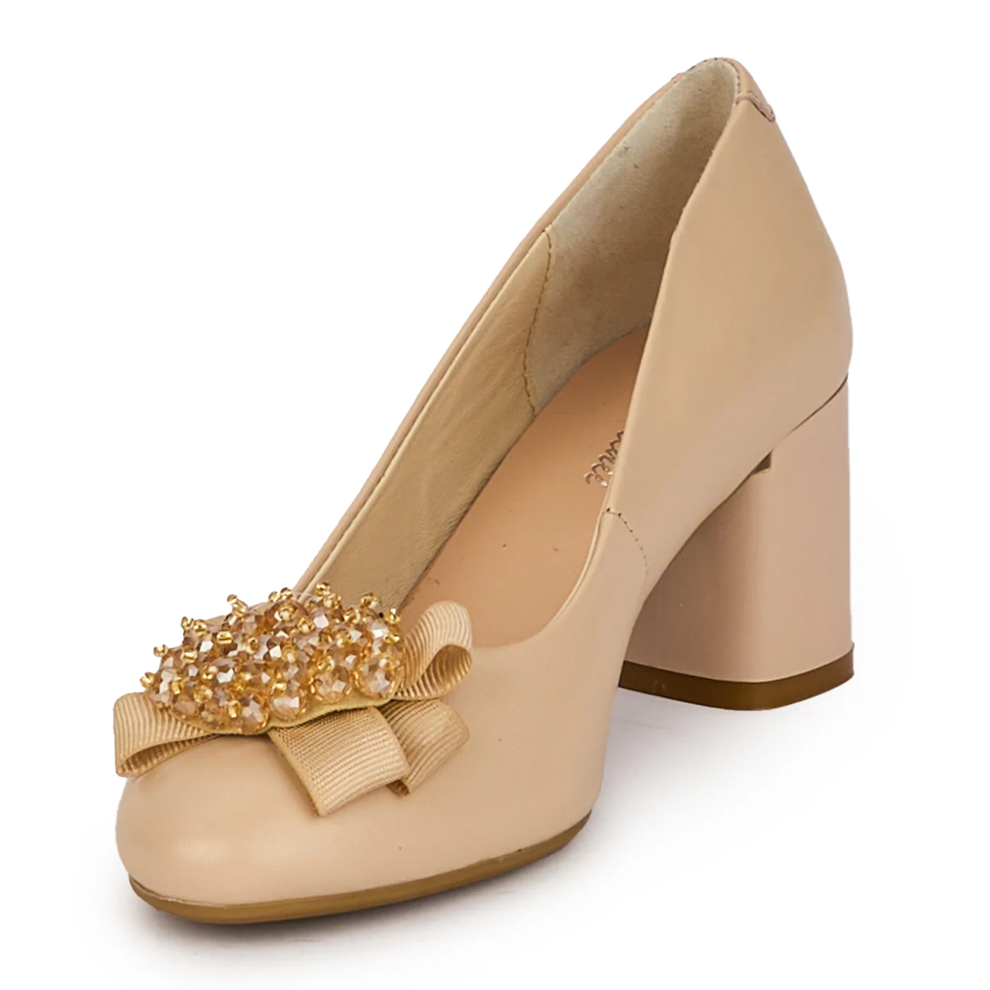 Pantofi eleganti dama din piele naturala bej cu toc gros 6.5 cm 18295 - Image 3
