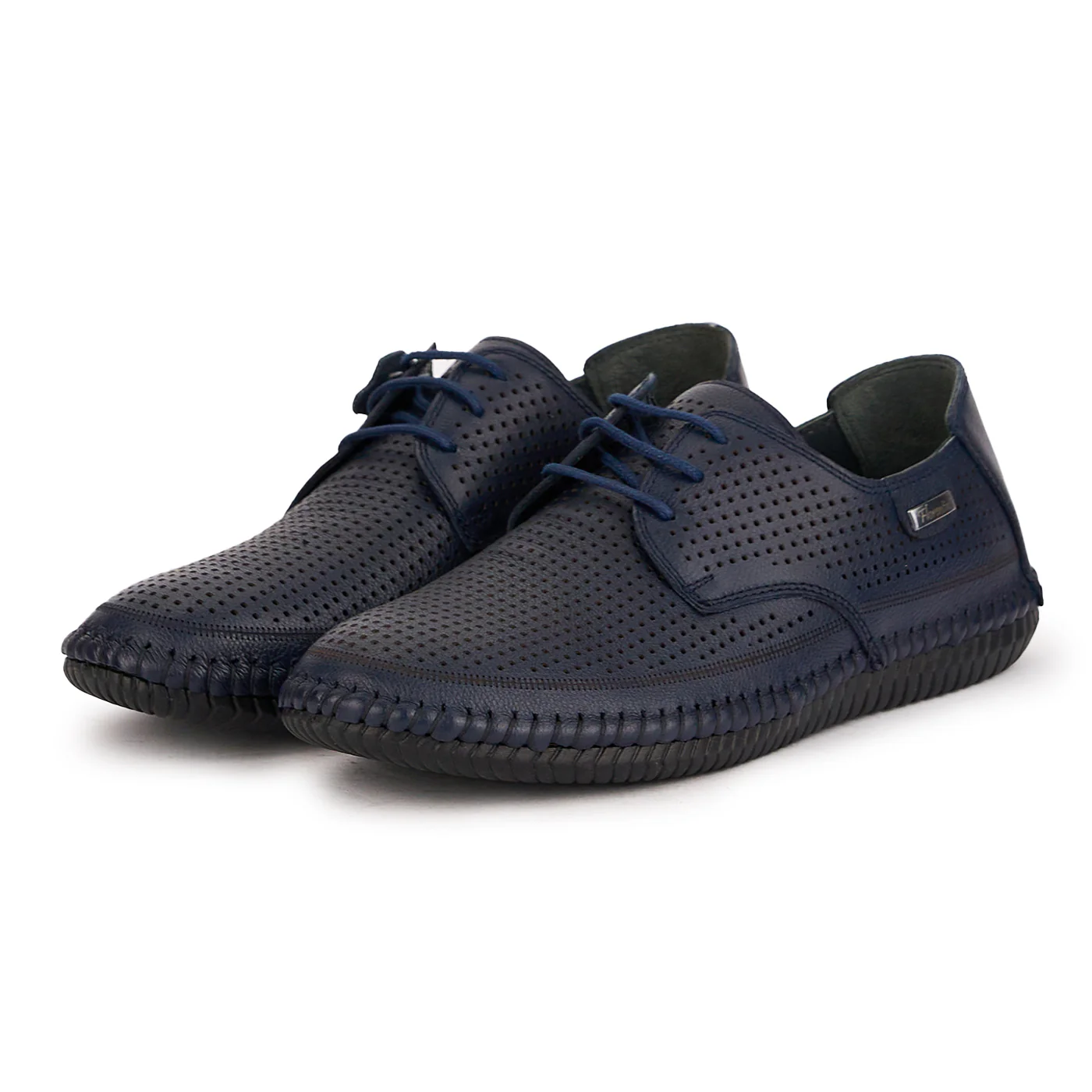 Pantofi perforati barbati din piele naturala bleumarin 7762 - Image 3